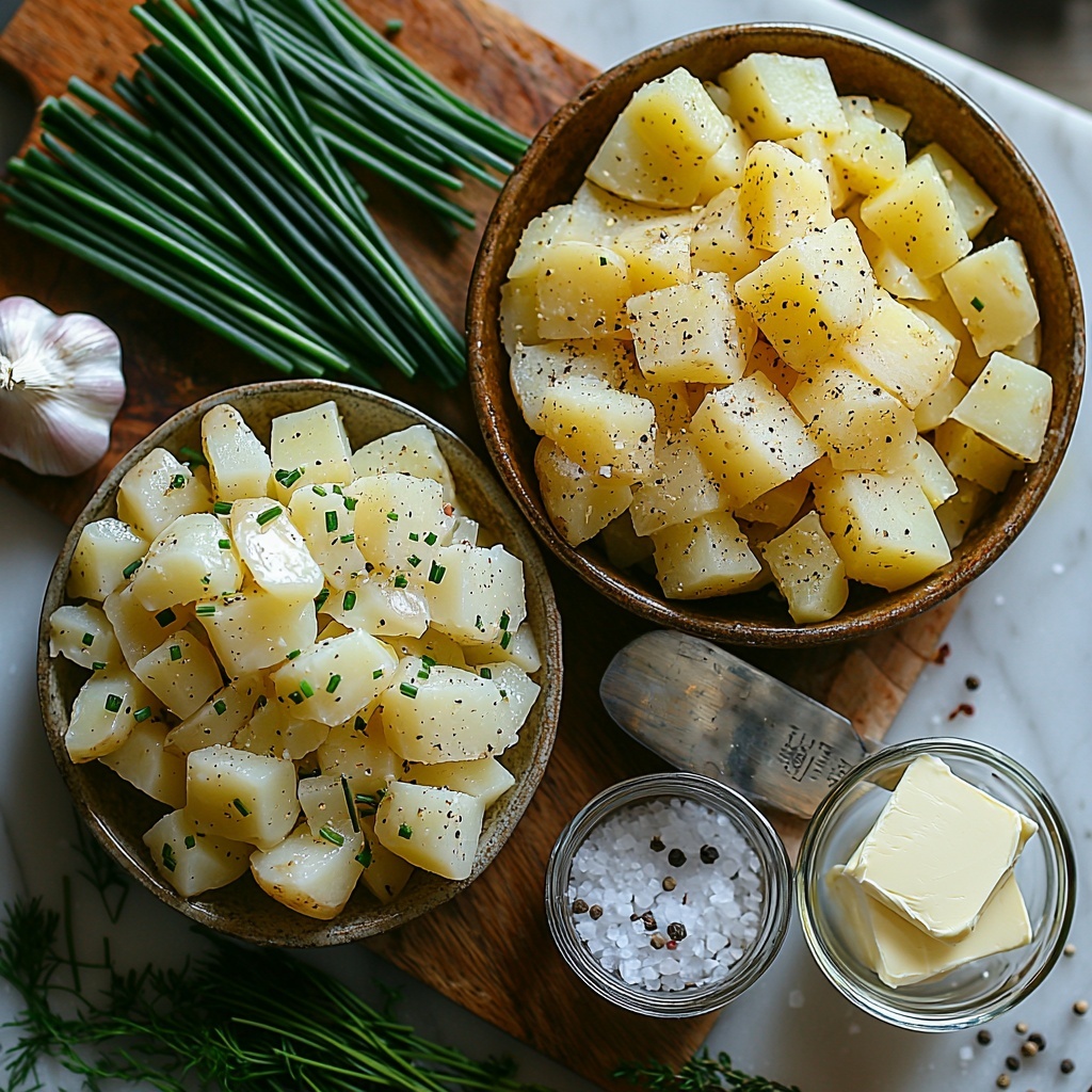 4 large peeled and diced potatoes in a small rustic bowl, a medium-sized white onion chopped neatly next to the potatoes, two cloves of garlic minced finely on a small wooden board, a glass measuring cup filled with clear golden vegetable broth, a small white bowl with smooth heavy cream, a vintage silver butter knife resting on a slab of creamy butter, sprinkling of coarse sea salt and cracked black pepper in tiny ceramic dishes, fresh vibrant green chives fanned out elegantly beside the bowls; all ingredients arranged thoughtfully on a clean white marble surface with soft natural lighting highlighting the varied textures—from the rough potato edges and glossy cream to the translucence of onions and glistening broth; subtle shadows and gentle depth create an inviting, fresh, and warm culinary atmosphere, styled with minimal props to keep the focus on the freshness and color contrast of the ingredients — overhead shot, top down view, flat lay photography, professional food styling --ar 1:1 --q 2 --s 750 --v 6.1
