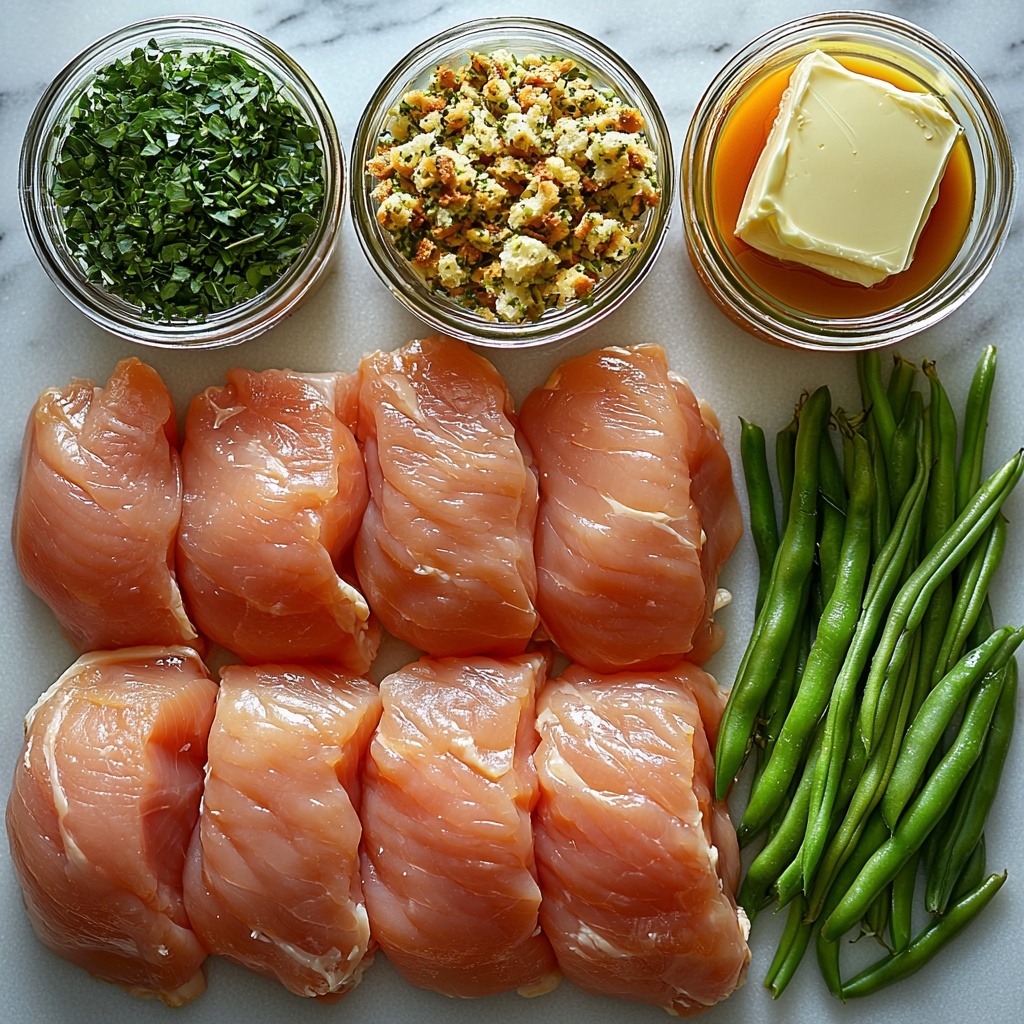 Slow cooker chicken stuffing ingredients arranged on a clean white marble surface: raw chicken breasts with smooth pale pink skin, three peeled garlic cloves minced in a small clear glass bowl, a small heap of dried Italian seasoning herbs with green and brown tones, a clear glass measuring cup filled with golden chicken broth, vibrant fresh green beans neatly aligned beside frozen slightly frosty beans, two unopened cream of chicken soup cans with cream-colored labels, a small open box of stovetop stuffing mix showing golden-brown dried breadcrumbs, and a small white bowl filled with glossy melted butter. Soft natural lighting enhances the varied textures — the smoothness of chicken, the fine crumbly stuffing mix, and the freshness of green beans — with subtle shadows adding depth. Ingredients are thoughtfully spaced and arranged to create visual balance, emphasizing color contrast and freshness. Overhead shot, top down view, flat lay photography, professional food styling --ar 1:1 --q 2 --s 750 --v 6.1