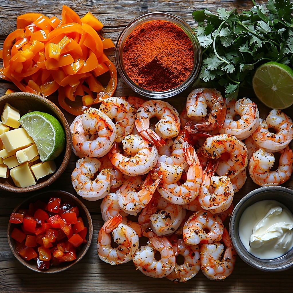 /Imagine prompt: A vibrant flat lay of Cajun shrimp ingredients arranged neatly on a clean, light wooden surface. Centered are 1 lb. uncooked shrimp, their pale pink shells glistening with freshness. Nearby, a small bowl of bright red Cajun seasoning powder and another with a warm mix of mustard powder, oregano, cayenne pepper, and red pepper flakes showcase rich earth tones. Fresh diced red bell pepper pieces scatter slightly, their glossy, deep red cubes adding bold color. Small glass bowls hold 3 cloves of minced garlic, a golden tablespoon of honey, and 1 tablespoon olive oil shimmering with a smooth texture. A pat of creamy butter rests on a white ceramic spoon, while a neat pile of pale flour adds softness and contrast. A small cup of vibrant red and green Rotel diced tomatoes with juice is placed next to a measuring cup filled with light amber chicken broth and a separate bowl of thick, pale heavy cream. A rustic bowl contains shredded cheddar jack cheese with creamy yellow hues. Lime wedges with bright green rinds and juicy segments sit artfully off to one side, alongside roughly chopped fresh cilantro leaves with vivid emerald tones for a pop of freshness. A tiny bowl of fiery red hot sauce adds a splash of intense color. The ingredients are spaced evenly with natural, soft daylight highlighting the textures and colors, styled for appetizing visual appeal on a clean, neutral backdrop. Overhead shot, top down view, flat lay photography, professional food styling --ar 1:1 --q 2 --s 750 --v 6.1