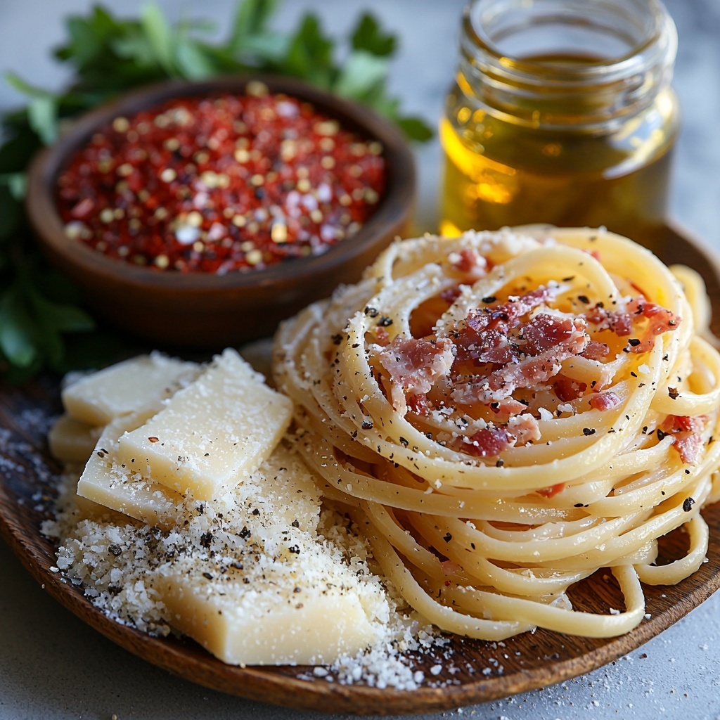 12 ounces linguine pasta neatly coiled in a small pile, next to 6 slices thick-cut bacon chopped into crispy, golden-brown pieces with rich reddish and caramelized textures, 3 cloves garlic peeled and finely minced with creamy white tones, a small vintage bowl of vibrant red chili flakes, a heap of finely grated Parmesan cheese showing fluffy, snowy white crystals, a glass jar or small bowl of golden olive oil glistening under soft light, small piles of coarse sea salt and cracked black peppercorns with contrasting black and white specks, and a bunch of freshly chopped bright green parsley scattered lightly for freshness. All ingredients are carefully spaced on a clean, bright white surface that enhances natural colors and textures, with soft natural lighting casting gentle shadows to highlight details and depth, styled with subtle rustic kitchen elements like a wooden spoon and linen napkin slightly visible at edges for warmth and authenticity. Overhead shot, top down view, flat lay photography, professional food styling --ar 1:1 --q 2 --s 750 --v 6.1