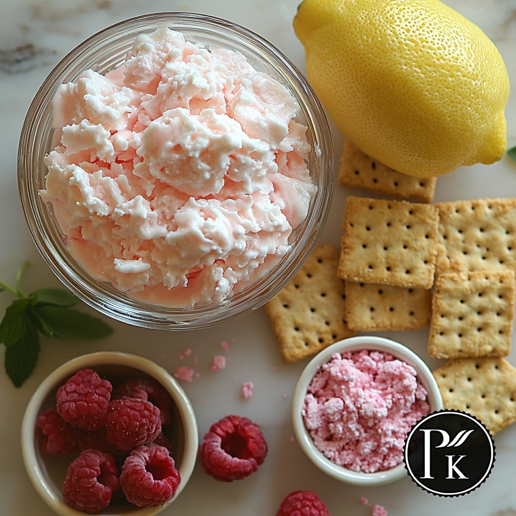 Whipped topping in a clear glass bowl with fluffy white texture, a small bowl of vibrant pink frozen pink lemonade concentrate with icy, slightly glossy surface, a lemon with a small heap of fresh bright yellow lemon zest next to it, neatly stacked whole and broken graham cracker squares with a golden-brown crumbly texture arranged in a semi-circle, a small dish of delicate pink sprinkles and another dish with crushed freeze-dried raspberries showing a rich deep pink color and crumbly texture, all placed on a clean white marble surface that reflects soft natural light to enhance colors and textures, subtle shadows for depth, minimal and elegant styling with a few fresh green leaves for contrast, a gentle spritz of condensation effect on the lemonade bowl to emphasize freshness, overhead shot, top down view, flat lay photography, professional food styling --ar 1:1 --q 2 --s 750 --v 6.1