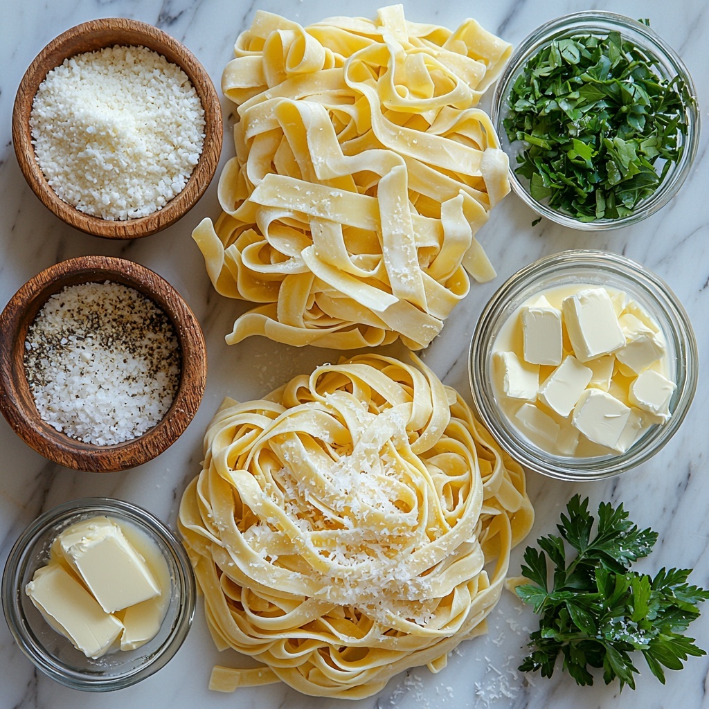 fettuccine pasta arranged in a neat circular nest, golden uncooked noodles with a smooth texture; small vintage bowl of creamy unsalted butter, soft and pale yellow; garlic cloves whole and minced, bright white with slight sheen, some scattered loosely; clear glass measuring cup filled with thick heavy cream, glossy white and smooth; small rustic bowl filled with finely grated Parmesan cheese, slightly off-white with fluffy texture; pinch bowls with coarse salt and cracked black pepper, contrasting black and white specks; fresh parsley sprigs and chopped leaves, vibrant green adding fresh pop of color; all ingredients carefully spaced on a clean white marble surface with natural soft daylight highlighting textures and colors, subtle shadows for depth, minimalistic styling with slight rustic charm, overhead shot, top down view, flat lay photography, professional food styling --ar 1:1 --q 2 --s 750 --v 6.1