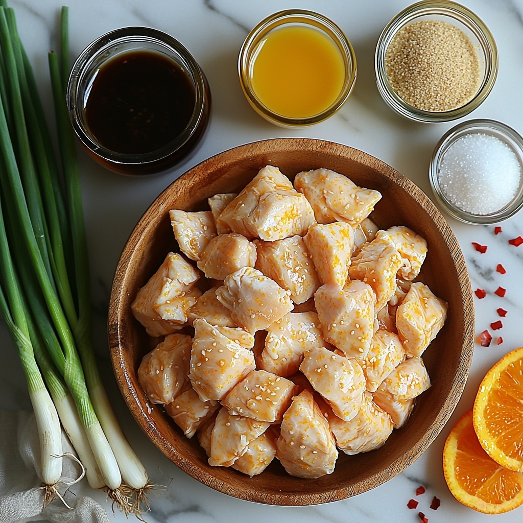 boneless chicken thighs cut into bite-sized pieces on a small wooden bowl, beaten eggs in a clear glass bowl showing bright yellow color, cornstarch and all-purpose flour mixed together with a slightly powdery white texture in a ceramic dish, fresh orange juice in a small glass pitcher glowing with vibrant orange hues, dark glossy soy sauce in a tiny rustic bowl, rich brown sugar piled loosely on a light ceramic plate, translucent amber rice vinegar in a small glass cup, minced garlic and minced ginger placed side by side on a white porcelain spoon highlighting their fresh pale ivory and ginger tones, a small bowl with orange zest showing bright orange fine strips, a clear bowl with cornstarch slurry (milky white mixture), scattered red pepper flakes adding deep red specks for optional spice, fresh green onions with vivid green stalks and white bulbs resting alongside ingredients, all arranged neatly and harmoniously on a clean white marble surface with soft natural light casting gentle shadows, textured linen napkin partially visible, minimal props with fresh and vibrant color contrast, emphasizing textures from powdery to glossy and fresh, overhead shot, top down view, flat lay photography, professional food styling --ar 1:1 --q 2 --s 750 --v 6.1