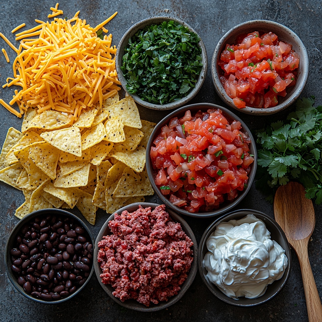 A clean neutral-toned surface with an artistic flat lay arrangement of ingredients for an easy taco skillet: a small pile of raw ground beef rich red and slightly marbled with fat, a small bowl of finely chopped translucent white onion, a wooden spoon with a heap of warm reddish-brown taco seasoning powder, a rustic ceramic bowl filled with glossy black beans, a jar or small bowl of vibrant chunky red salsa, a small mound of shredded bright orange cheddar cheese with a fluffy texture, a neat dollop of smooth white sour cream in a small dish, fresh chopped bright green cilantro scattered lightly on the surface and in a small bowl, and a handful of golden, crisp tortilla chips fanned out on one side. The ingredients have varied textures from creamy to crunchy, and colors from earthy reds to fresh greens and creamy whites, all styled with natural light creating soft shadows, minimal props, and a modern, inviting arrangement that guides the eye around the composition. The overall aesthetic is fresh, clean, and vibrant, emphasizing the homely, easy-to-make feeling of the dish. Overhead shot, top down view, flat lay photography, professional food styling --ar 1:1 --q 2 --s 750 --v 6.1
