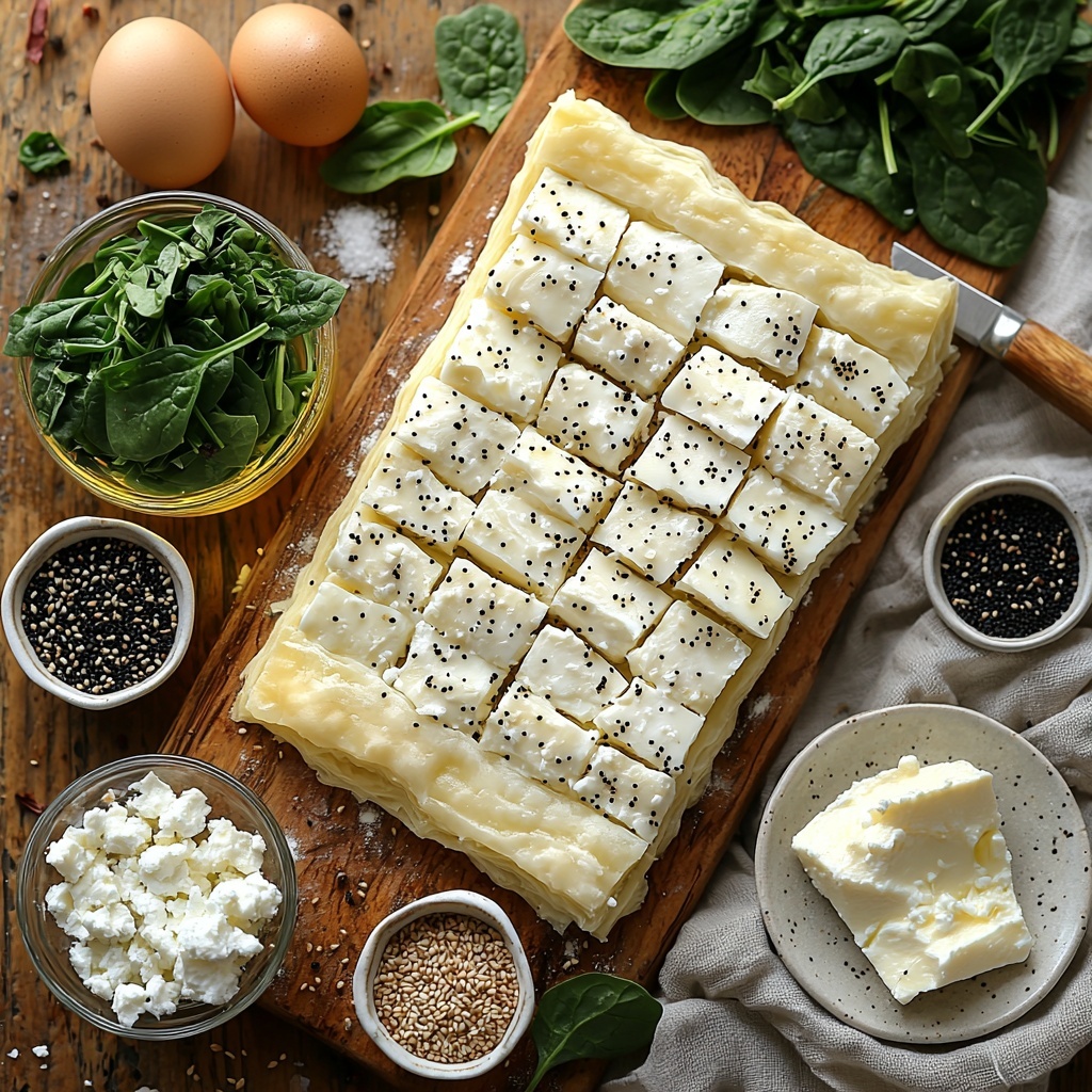 puff pastry sheet spread neatly on a clean wooden surface, small glass bowl of bright green chopped fresh spinach beside it, crumbled white feta cheese in a rustic ceramic bowl, finely chopped translucent onion piled delicately on a small white plate, two cloves of peeled garlic resting next to the onion, small clear dish with golden olive oil reflecting light, a teaspoon with dried oregano sprinkled artfully, small piles of coarse salt, black pepper, and a pinch of nutmeg arranged in miniature white spoons, a beaten large egg in a glass ramekin with a brush nearby, tiny bowls with black poppy seeds and light tan sesame seeds for topping, all ingredients spaced evenly with natural soft daylight casting gentle shadows, textures showing flaky pastry, crumbly cheese, vibrant greens and rustic spices, clean minimal background emphasizing freshness and Mediterranean vibe, overhead shot, top down view, flat lay photography, professional food styling --ar 1:1 --q 2 --s 750 --v 6.1