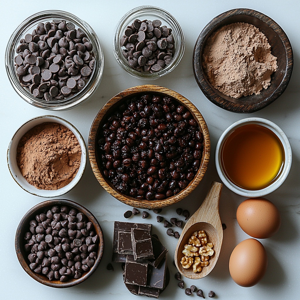 A clean white surface with a neat flat lay arrangement of ingredients for fudgy protein black bean brownies: a small bowl of dark black beans glistening after rinsing, two whole large brown eggs, a small glass jar of amber maple syrup, a wooden spoon scooping rich, deep brown unsweetened cocoa powder, a small mound of chocolate or vanilla protein powder in fine light beige or chocolate brown powder, a dollop of creamy natural peanut butter with smooth texture on a white ceramic spoon, a small bowl of melted golden coconut oil, a small glass bottle with clear vanilla extract, a teaspoon of baking powder in a white ceramic spoon, a pinch of fine white salt on a wooden tray section, a small bowl filled with shiny dark chocolate chips and a small scattering of chopped walnuts or pecans showing rich brown hues and textured surfaces—arranged in an inviting, balanced composition with soft natural light highlighting the textures and colors, subtle shadows for depth, minimal props, clean and modern styling emphasizing freshness and wholesome ingredients, overhead shot, top down view, flat lay photography, professional food styling --ar 1:1 --q 2 --s 750 --v 6.1