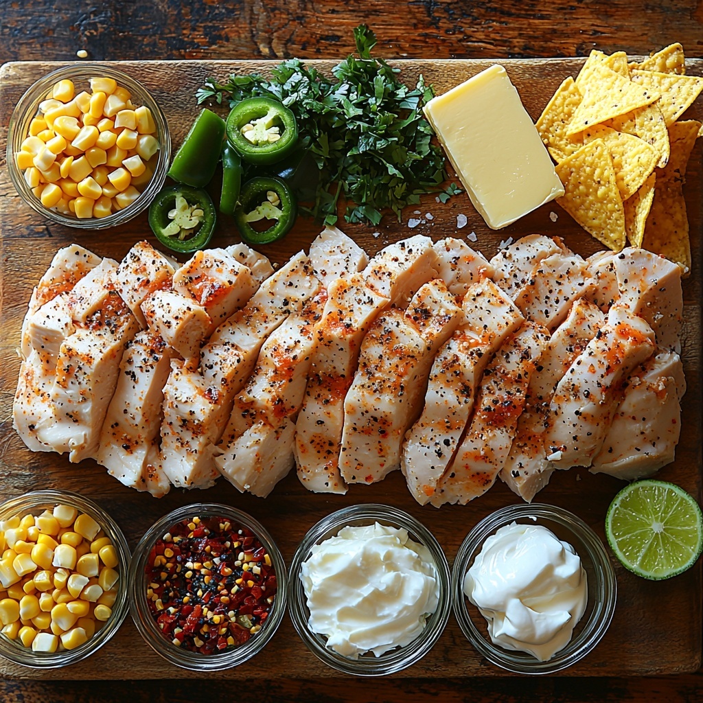 A vibrant flat lay of all main ingredients for white chicken chili arranged neatly on a clean, light wooden surface. Include small glass bowls with chili powder, ground cumin, dried oregano, salt, mustard powder, black pepper, cayenne pepper, and red pepper flakes, each showcasing their warm, earthy tones and fine textures. Nearby, a rustic butter slab beside a diced yellow onion and freshly diced jalapeno pepper, their bold green and golden hues contrasting beautifully. A small heap of minced garlic cloves, a wooden spoon dusted lightly with flour, and a clear measuring cup filled with creamy half and half add creamy, soft textures. Two cans of cannellini beans drained in an open metal can, and two cans of mild green chilies with visible green peppers inside, arranged with tin openers. Bone-in skinless chicken breasts placed raw on a small cutting board, showcasing their fresh pink flesh. A small can of whole kernel sweet corn, cream cheese softened and spread on a white ceramic plate, plus small bowls with hot sauce, Worcestershire sauce, and salt and pepper shakers. Lime wedges, diced bright green avocado, a dollop of sour cream, golden crunchy tortilla strips, Fritos chips scattered artistically, and shredded Monterey or Pepper Jack cheese in a small white bowl complete the ensemble. The overall composition is bright, colorful, and inviting, emphasizing natural textures like glossy beans, creamy cheese, and crisp vegetables, with soft shadows for depth. Styled with minimal props, a clean aesthetic, light coming from the side for gentle highlights and texture, shot on a rustic wooden table surface. overhead shot, top down view, flat lay photography, professional food styling --ar 1:1 --q 2 --s 750 --v 6.1