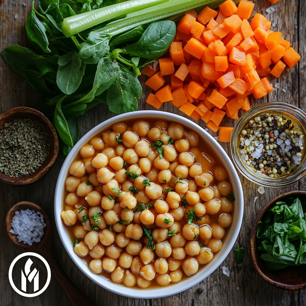 A clean, light wooden surface with all main ingredients of Tuscan Chickpea Soup arranged neatly in a balanced flat lay: a small white bowl of shiny, pale beige chickpeas; a halved golden onion with some chopped pieces nearby; two bright orange diced carrots and two vibrant green diced celery stalks in small clusters; three cloves of garlic with papery skins partially peeled, some minced garlic scattered artistically; a rustic open can with rich red diced tomatoes spilling slightly; a clear glass measuring cup filled with golden vegetable broth; small vintage spoons holding dried oregano and dried basil leaves showcasing their delicate textures; a small pile of fresh, deep green spinach or kale leaves with visible veins; a small glass dish of rich, glossy golden olive oil; salt and pepper in tiny bowls with speckled crystals and grains visible; soft natural lighting highlighting the vivid colors and varied textures, slight shadows adding depth, minimalist styling with a few rustic kitchen tools as props around the edges, overhead shot, top down view, flat lay photography, professional food styling --ar 1:1 --q 2 --s 750 --v 6.1