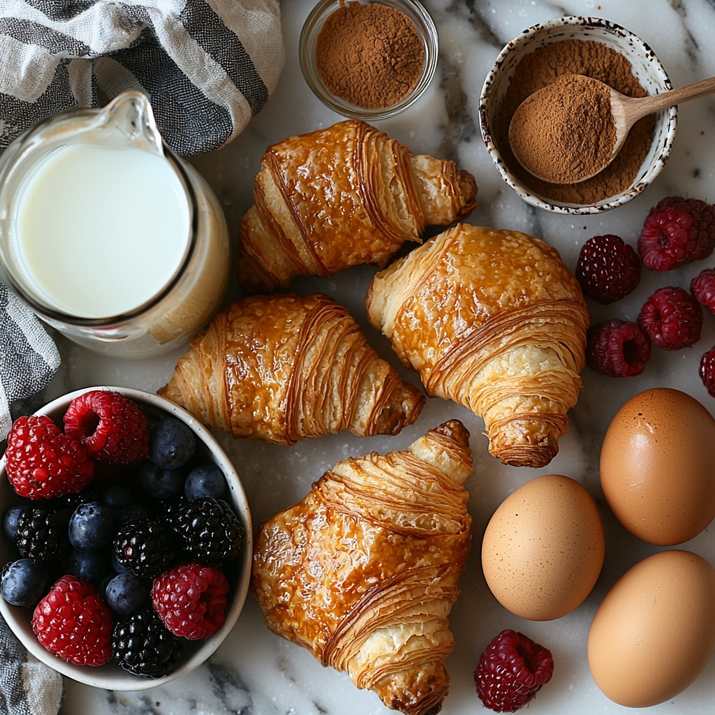 day-old croissants torn into bite-sized pieces with flaky golden layers, large fresh eggs with smooth shells, a glass jug of creamy whole milk, a small bowl of brown sugar with a rich caramel color and slightly grainy texture, a teaspoon of vanilla extract in a small glass container, a heap of warm brown cinnamon powder on a white ceramic spoon, and a small bowl of vibrant mixed fresh berries bursting with deep reds and blues or glossy dark chocolate chips, all carefully arranged on a clean, bright white marble surface. The croissant pieces are scattered casually with a few berries delicately placed nearby, eggs grouped neatly with milk jug beside them, and spices artistically spooned and dusted for texture contrast. Soft natural light illuminates the scene highlighting the textures and warm tones, minimal shadows, simple neutral napkin folded gently to one side, capturing a cozy and inviting breakfast mood. overhead shot, top down view, flat lay photography, professional food styling --ar 1:1 --q 2 --s 750 --v 6.1