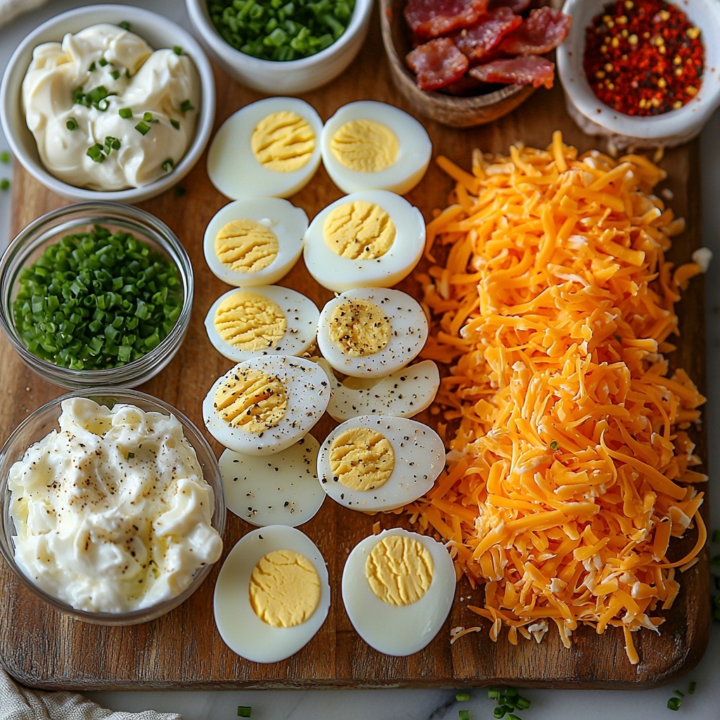 8 oz softened cream cheese in a small glass bowl, smooth and creamy white texture; 1/2 cup thick and glossy sour cream in a clear measuring cup; 1/2 cup creamy pale yellow mayonnaise in a rustic ceramic bowl; 4 peeled and chopped hard-boiled eggs, bright white with vibrant yellow yolks scattered loosely on a wooden cutting board; 1 1/2 cups rich orange-yellow shredded sharp cheddar cheese neatly piled on a small plate; 1/4 cup fresh bright green finely chopped chives in a neat pile; smooth golden Dijon mustard in a small dish; 1 tsp garlic powder and 1/4 tsp onion powder each in tiny white porcelain spoons; 1/2 tsp deep rusty red smoked paprika in a shallow white bowl; fine crystalline salt and coarse black peppercorns in small glass bowls; a small mound of crispy reddish-brown cooked crumbled bacon beside diced fresh green jalapeños for optional choice; all ingredients arranged with balanced spacing on a clean white marble surface, natural light casting soft shadows, highlighting vibrant colors and varied textures; minimalist styling with subtle linen napkins and a few fresh chive stalks as accents; overhead shot, top down view, flat lay photography, professional food styling --ar 1:1 --q 2 --s 750 --v 6.1