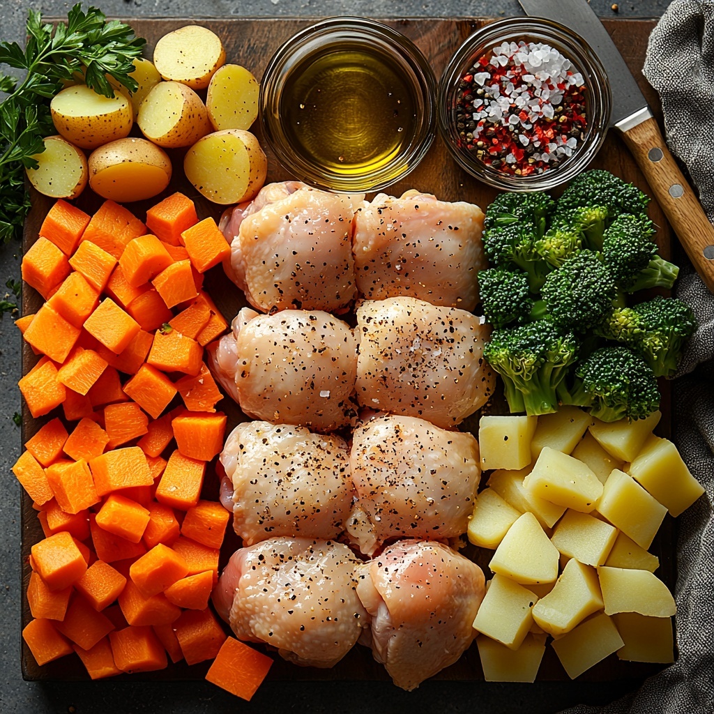 4 raw chicken thighs, cubed golden potatoes, sliced vibrant orange carrots, fresh green broccoli florets, small glass bowl of golden olive oil, scattered garlic powder, coarse salt crystals, cracked black peppercorns arranged artfully on a smooth white surface; ingredients spaced evenly with natural grouping to showcase textures—juicy raw chicken skin, rough potato edges, crisp carrot slices, and delicate broccoli buds; warm natural lighting enhancing the vivid colors and subtle shadows creating depth; minimalistic style with rustic wooden-handled knife and linen napkin placed subtly at the edge to add warmth and context, clean and inviting presentation, overhead shot, top down view, flat lay photography, professional food styling --ar 1:1 --q 2 --s 750 --v 6.1