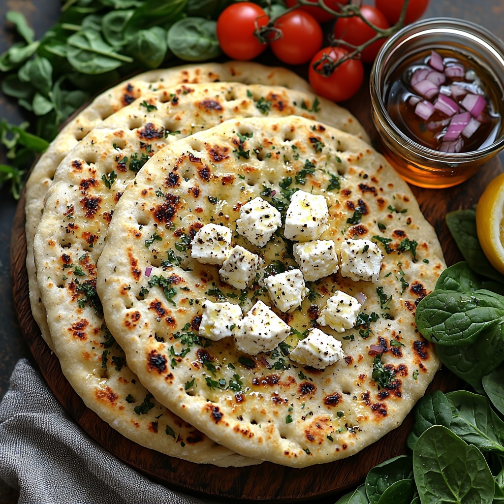 A clean, bright surface featuring a neatly arranged flat lay of fresh ingredients for Feta Spring Flatbreads: four whole flatbreads stacked or fanned out, a small bowl of crumbly white feta cheese, vibrant red cherry tomatoes halved to reveal juicy interiors, fresh deep green spinach leaves, slightly darker green arugula with delicate serrated edges, thin rings of translucent purple-red sliced red onion, a small pile of chopped bright green fresh basil, a small glass bowl with golden olive oil, a wedge of lemon or a small bowl of pale yellow lemon juice, scattered coarse salt crystals and freshly ground black pepper, and a small jar or drizzle of shiny dark balsamic glaze. The textures vary from soft and leafy greens to crumbly cheese and glossy oil, all arranged artfully with natural light highlighting the freshness and vibrant colors, minimal shadows, with clean, modern styling, natural linen napkin or rustic wooden spoon as subtle props. overhead shot, top down view, flat lay photography, professional food styling --ar 1:1 --q 2 --s 750 --v 6.1