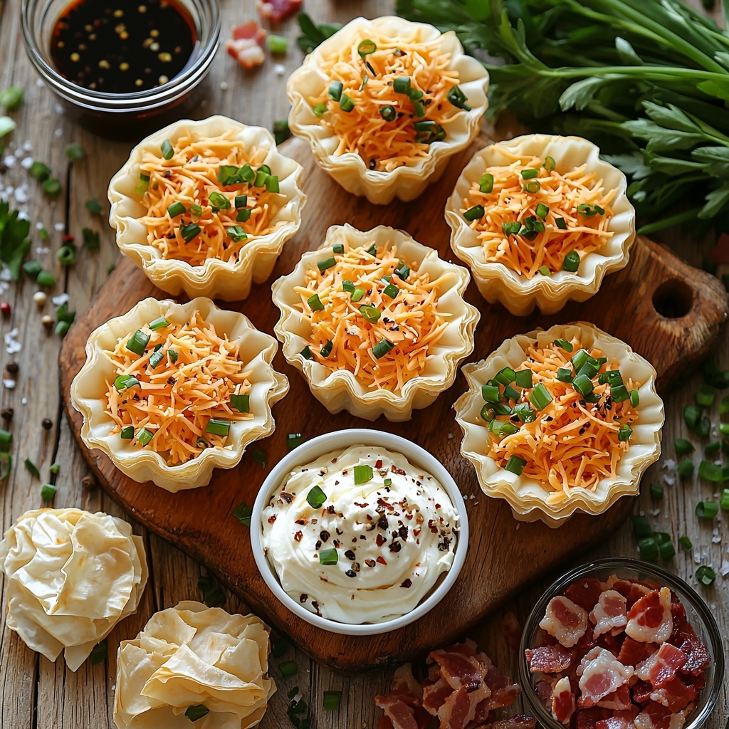 cream cheese in a small white bowl with a smooth, creamy texture, shredded cheddar cheese loosely piled nearby showcasing its bright orange color, finely diced vibrant green onions scattered artfully on the clean surface, crispy crumbled bacon pieces with a rich reddish-brown hue in a rustic wooden dish, a neat stack of golden mini phyllo pastry cups with delicate, flaky layers, a small glass bowl of dark Worcestershire sauce with a glossy finish, and a salt and pepper set with visible coarse grains arranged thoughtfully, all placed on a clean, neutral light wooden surface with soft natural lighting highlighting the contrasting colors and textures, subtle shadows creating depth, styled with minimal props and fresh greenery accents for freshness, overhead shot, top down view, flat lay photography, professional food styling --ar 1:1 --q 2 --s 750 --v 6.1