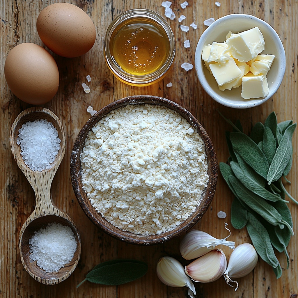 3 ¼ cups all-purpose flour in a small rustic ceramic bowl with a wooden scoop spilling a little flour onto a smooth light wood surface; a packet of instant quick rise yeast unopened with neat typography visible; a small vintage ramekin containing ½ teaspoon kosher salt; a glass measuring cup filled with warm whole milk showing slight steam; a small amber glass jar of golden honey with a wooden honey dipper resting beside it; a square dish holding 4 tablespoons softened salted butter, creamy and slightly shiny; one large brown egg placed next to a small linen napkin; a small bowl of 6 tablespoons softened unsalted butter mixed with finely minced garlic cloves scattered delicately around; three bright white garlic cloves whole and peeled; 12 fresh vibrant green sage leaves laid out in a fan shape; a tiny white dish filled with flaky sea salt crystals, some spilling onto the surface. The ingredients are carefully spaced to show contrasting textures—powdery flour, glossy honey, soft butter, rough garlic, and delicate sage—on a clean, neutral wooden table background with soft natural light casting gentle shadows. Overhead shot, top down view, flat lay photography, professional food styling --ar 1:1 --q 2 --s 750 --v 6.1