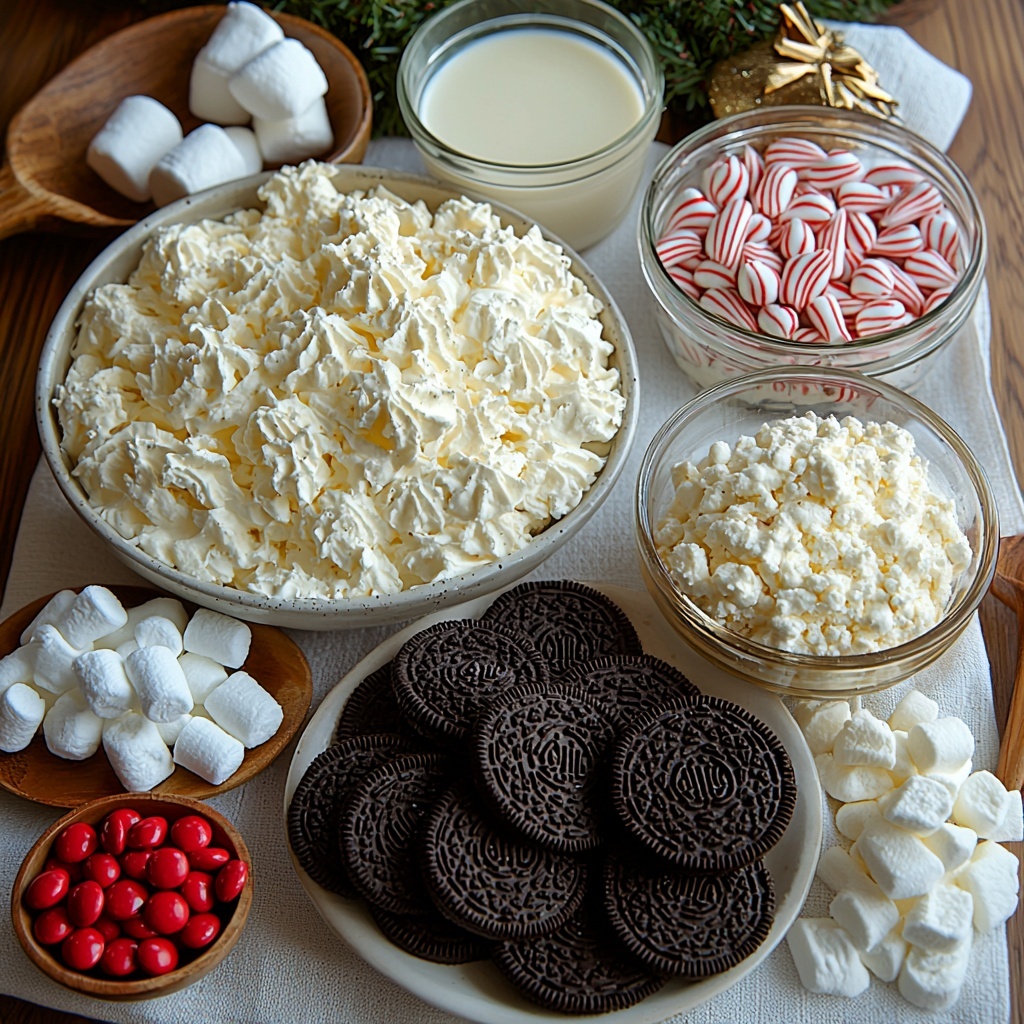 Oreo cookies (regular and holiday-themed) whole and crushed in a small bowl, a glass bowl with melted unsalted butter, a block of softened cream cheese on a white ceramic plate, a small bowl of powdered sugar, a large clear glass bowl with whipped heavy cream showing stiff peaks, a small glass bowl of vanilla extract, a bowl of instant vanilla pudding mix powder, a measuring cup filled with milk, a small bowl of mini marshmallows, a small bowl with crushed peppermint candies and colorful mini M&Ms, a tiny dish with red and green sprinkles, extra whole Oreos stacked neatly on a clean white surface. The ingredients are artfully arranged with varied textures—crumbly crushed cookies, smooth cream cheese, fluffy whipped cream, powdery sugar and pudding mix—with festive red and green pops of color from the candies and sprinkles. Natural soft lighting highlights the different textures and vibrant holiday colors, while minimal shadows add depth. The scene is styled with a crisp, clean white backdrop and subtle rustic props like a wooden spoon and linen napkin casually placed nearby for cozy warmth. Overhead shot, top down view, flat lay photography, professional food styling --ar 1:1 --q 2 --s 750 --v 6.1