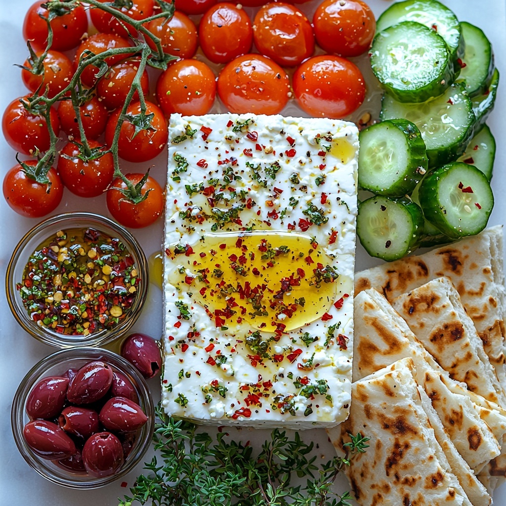 8 ounces block of crumbly white feta cheese placed centrally on a clean white marble surface, surrounded by a vibrant arrangement of glossy red cherry tomatoes, fresh green cucumber slices, deep purple Kalamata olives, and bright roasted red pepper strips. Small glass bowls containing golden olive oil, amber honey mixed with red chili flakes, and a sprinkle of dried oregano and fresh cracked black pepper are artfully placed nearby. Warm, soft pita bread pieces with a light char rest on the side. Natural soft lighting highlights the contrasting textures—creamy feta, juicy tomatoes, crisp cucumbers, smooth olives, and sticky honey drizzle—creating a fresh, colorful, inviting Mediterranean vibe. The composition is minimalistic and balanced with slight shadows adding depth. Overhead shot, top down view, flat lay photography, professional food styling --ar 1:1 --q 2 --s 750 --v 6.1