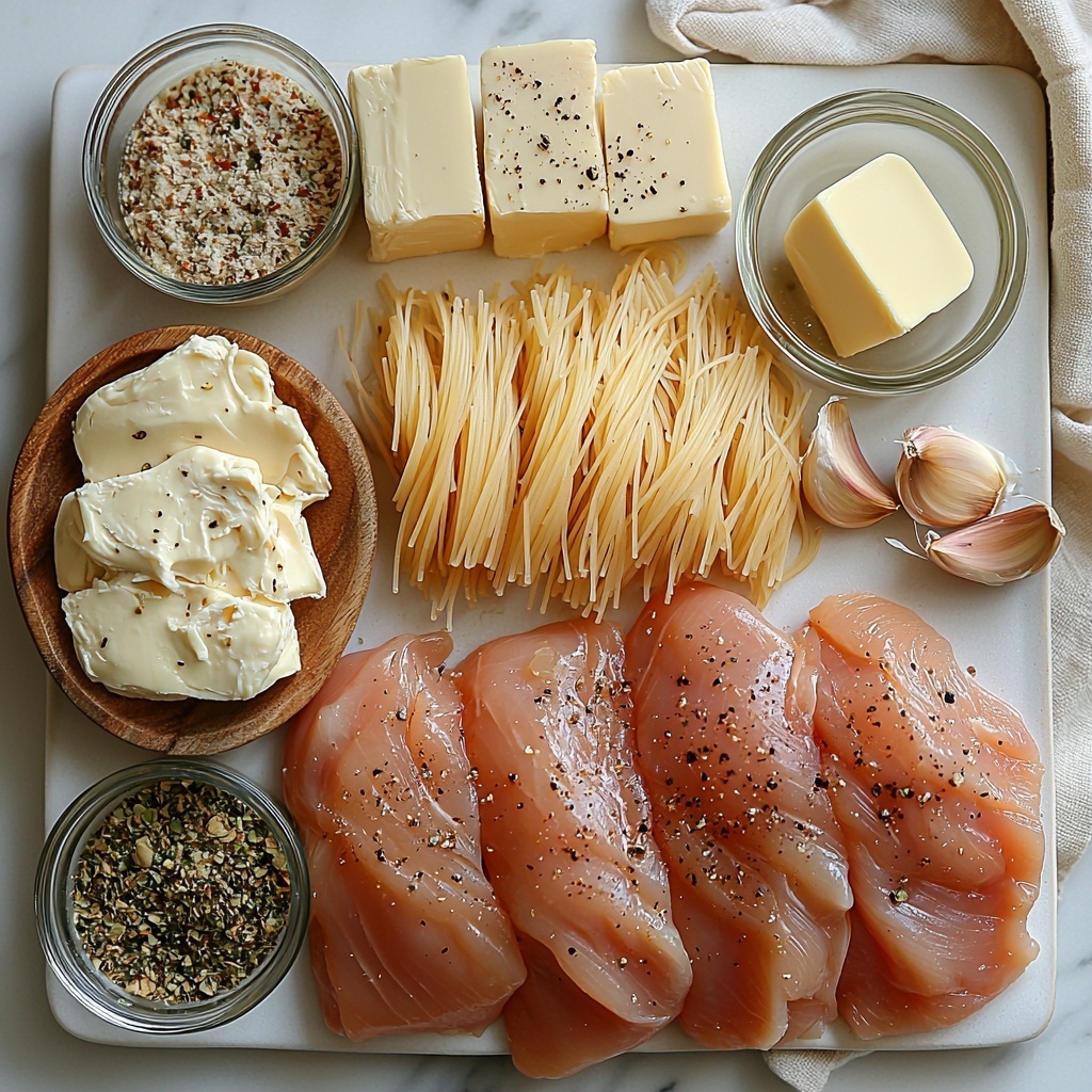 a clean, bright kitchen surface with all main ingredients for creamy crockpot angel chicken neatly arranged for a flat lay photo: raw boneless skinless chicken breasts, plump and pale pink, placed on a white rectangular plate; next to them, three cloves of garlic, some chopped finely and others whole, showing off their papery white skins; a small bowl with smooth, thick cream of chicken soup in a soft beige hue; a glass measuring cup filled with translucent golden chicken stock; a square of creamy white cream cheese with a soft, spreadable texture partially melted; a small pat of pale yellow butter, slightly softened; a small ramekin containing fine, dry, powdery Italian dressing mix with herb flecks; and a neat bundle of delicate, off-white angel hair pasta strands loosely tied with a natural twine. The ingredients are spaced evenly on a matte white surface, styled with subtle shadows and soft natural lighting enhancing textures and colors. Minimal props, rustic wooden spoon and a light linen napkin folded gently at one corner add warmth. overhead shot, top down view, flat lay photography, professional food styling --ar 1:1 --q 2 --s 750 --v 6.1