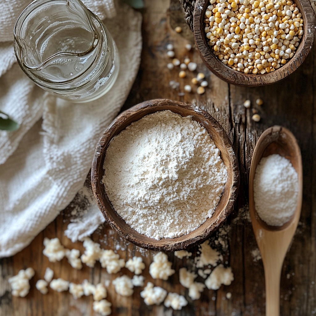 A clean, bright kitchen surface with all-purpose flour in a small rustic ceramic bowl, extra flour lightly dusted nearby, coarse grains of salt in a small glass dish, fine white instant yeast sprinkled gently on a wooden spoon, a clear glass measuring cup filled with warm water showing soft steam, scattered cornmeal grains adding texture, arranged neatly with a wooden mixing spoon and a folded clean white kitchen towel. The scene is styled with natural daylight creating soft shadows, emphasizing the subtle textures of flour dust and coarse salt crystals, warm tones from wooden utensils contrasting with the cool white ceramic and glass, minimalistic and airy composition, slight crumbs and flour dust lending authenticity, negative space for a relaxed feel. Overhead shot, top down view, flat lay photography, professional food styling --ar 1:1 --q 2 --s 750 --v 6.1