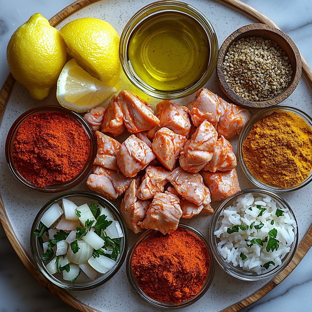 A clean, bright surface featuring a neatly arranged flat lay of all main ingredients for One Pot Shawarma Chicken and Rice: glossy olive oil in a small glass bowl; bite-sized raw chicken thighs, pale pink and tender, on a white ceramic plate; vibrant ground spices—deep golden turmeric, rich red smoked paprika, warm brown cumin, coriander, cinnamon, and bright red cayenne pepper—each in small rustic wooden bowls, with salt and black peppercorns nearby; a large yellow onion, roughly chopped showing crisp layers; two cloves of garlic, peeled and minced, small piles of fine texture; a cup of fluffy white basmati rice in a clear glass cup showcasing individual grains; two cups of golden chicken broth in a measuring jug, slightly steaming; fresh bright green parsley leaves finely chopped in a delicate heap; and bright yellow lemon wedges with glistening juice droplets arranged on a small dish. Textures contrast beautifully—powdery spices, smooth chicken, rough onion skin, and delicate herbs—with natural daylight casting soft shadows and highlighting vibrant colors. The overall composition is balanced and inviting, styled with minimal rustic props on a light wooden or marble surface, evoking warmth and freshness. Overhead shot, top down view, flat lay photography, professional food styling --ar 1:1 --q 2 --s 750 --v 6.1