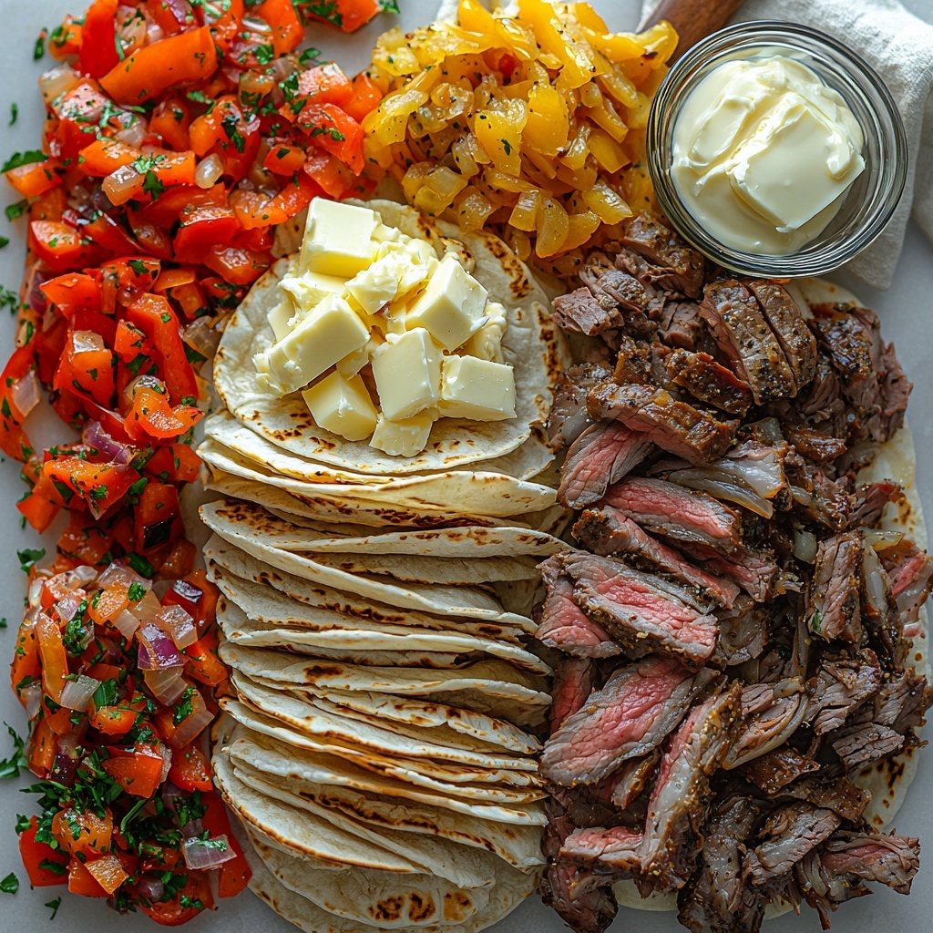 flour tortillas neatly stacked with soft folds, thinly sliced roast beef arranged in delicate layers showing rich reddish-brown hues, slices of Swiss cheese with pale ivory color and characteristic holes, small glass bowl of creamy, white horseradish sauce with a smooth texture, sautéed onions caramelized to golden-brown softness next to glossy sautéed bell peppers in vibrant red, yellow, and green tones, pat of butter with creamy smoothness on a small dish, small cup of dark, glossy beef broth, all ingredients spaced evenly on a clean white marble surface with subtle natural light casting soft shadows, slight rustic wooden spoon and a linen napkin adding warmth, minimalist styling emphasizing freshness and texture, vibrant yet natural colors, overhead shot, top down view, flat lay photography, professional food styling --ar 1:1 --q 2 --s 750 --v 6.1