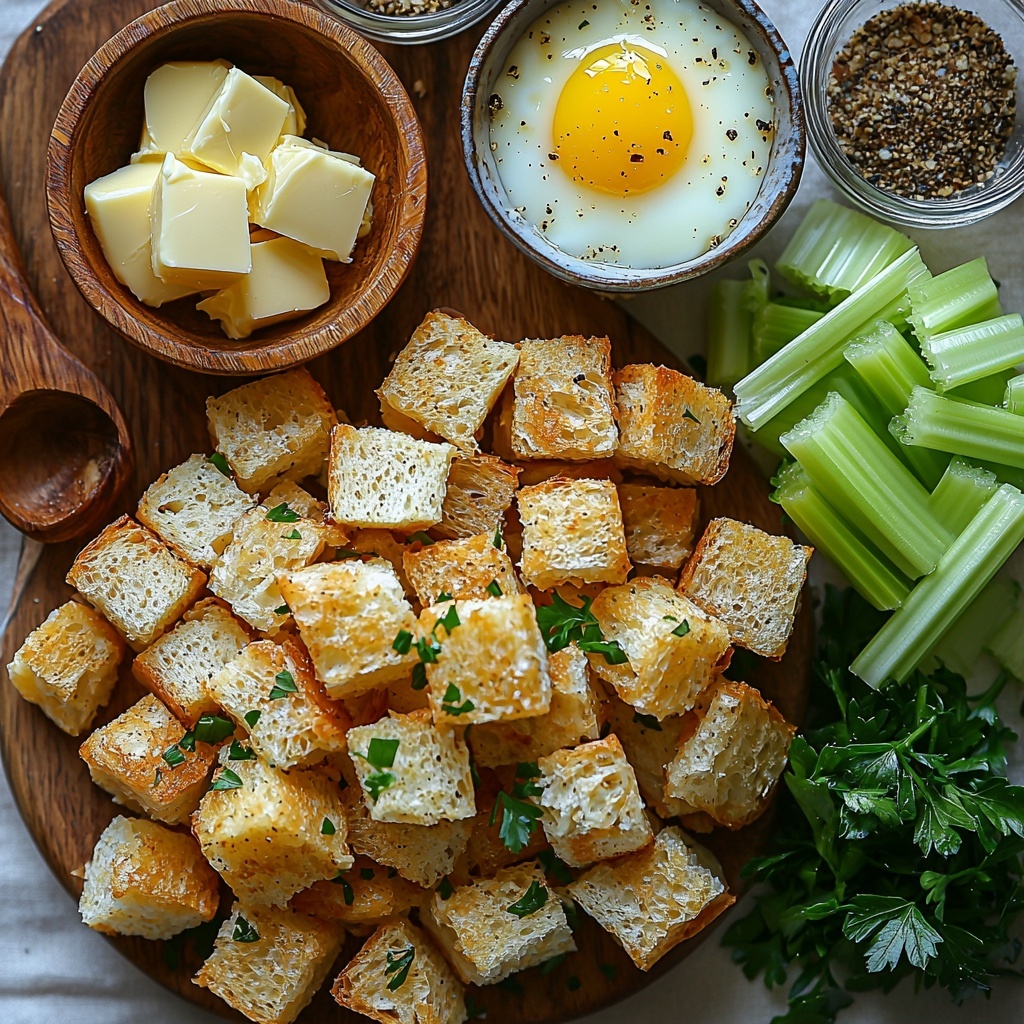 4 cups golden toasted day-old bread cubes neatly piled beside a small bowl of rich golden melted butter; a small finely diced yellow onion with crisp, pale yellow pieces arranged in a neat pile next to bright green chopped celery stalks; a small heap of vibrant fresh parsley leaves with delicate texture; a tiny rustic wooden spoon resting on a small dish filled with warm brown poultry seasoning powder, sprinkled lightly nearby; two small ceramic bowls holding fine grains of salt and coarsely ground black pepper; a clear glass measuring cup filled with pale amber chicken broth reflecting light softly; and a small white bowl containing a single fresh large egg with smooth shell, all carefully spaced on a clean, neutral-toned linen surface that highlights the natural colors and textures of each ingredient. Soft natural lighting emphasizes the contrast between the crunchy bread cubes and moist vegetables, with minimal shadows and a subtle rustic holiday atmosphere. Overhead shot, top down view, flat lay photography, professional food styling --ar 1:1 --q 2 --s 750 --v 6.1