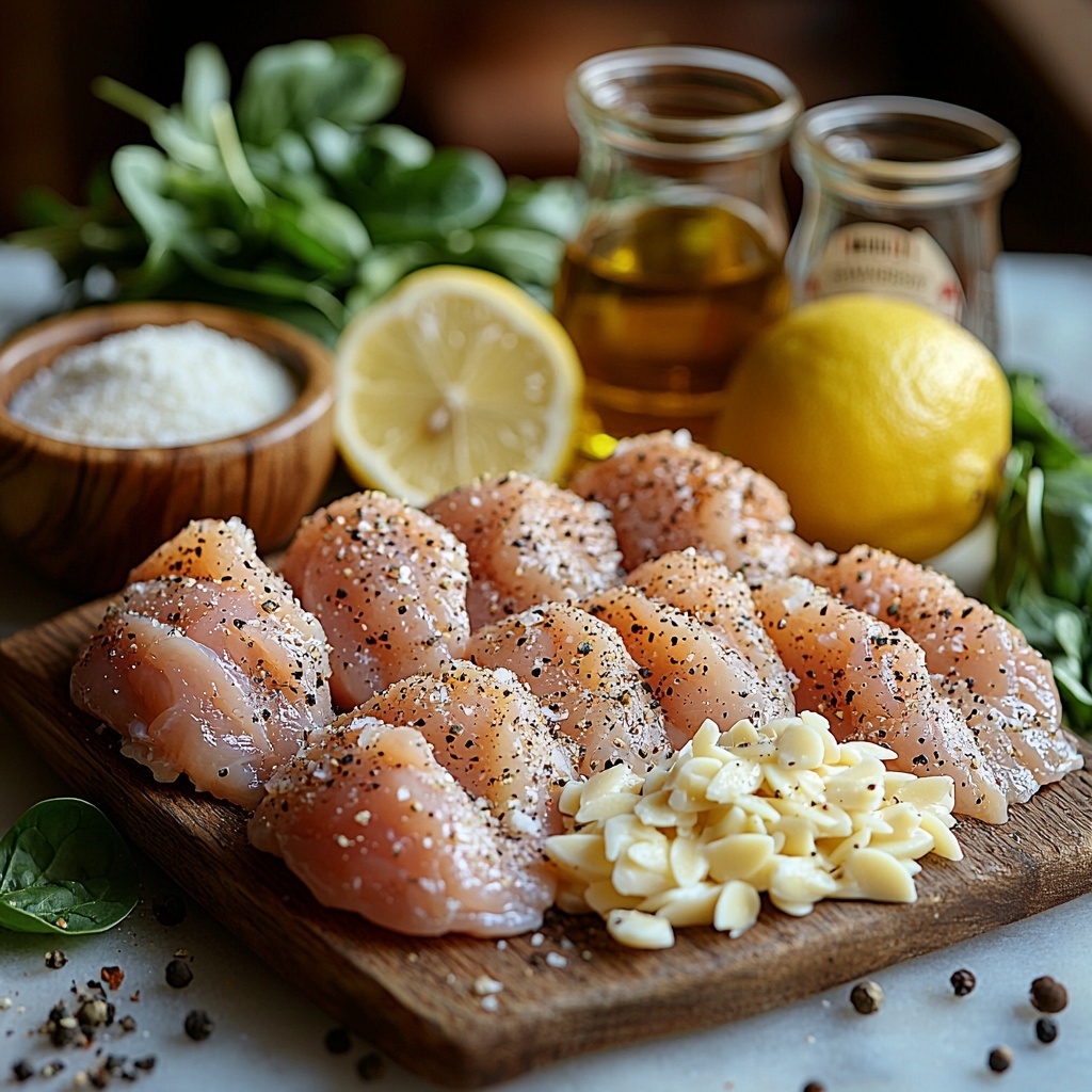 boneless skinless chicken breasts or thighs raw, small mound of pale pink tender chicken, wooden bowl of golden orzo pasta dry, small glass jug of light yellow olive oil, heap of fine white garlic powder in a tiny ceramic dish, scattered coarse white salt crystals, small pile of cracked black peppercorns, two measuring cups with chicken broth warm amber liquid and creamy white milk, unopened package of Boursin cheese with herb and garlic label visible, fresh vibrant green baby spinach leaves loosely fanned out, lemon half bright yellow with juicy pulp, bunch of fresh parsley with deep green ruffled leaves, all ingredients arranged neatly on a clean white marble surface with soft natural light, subtle shadows enhancing textures, slight rustic touch with wooden utensils in frame, crisp focus capturing colors and contrasts, overhead shot, top down view, flat lay photography, professional food styling --ar 1:1 --q 2 --s 750 --v 6.1