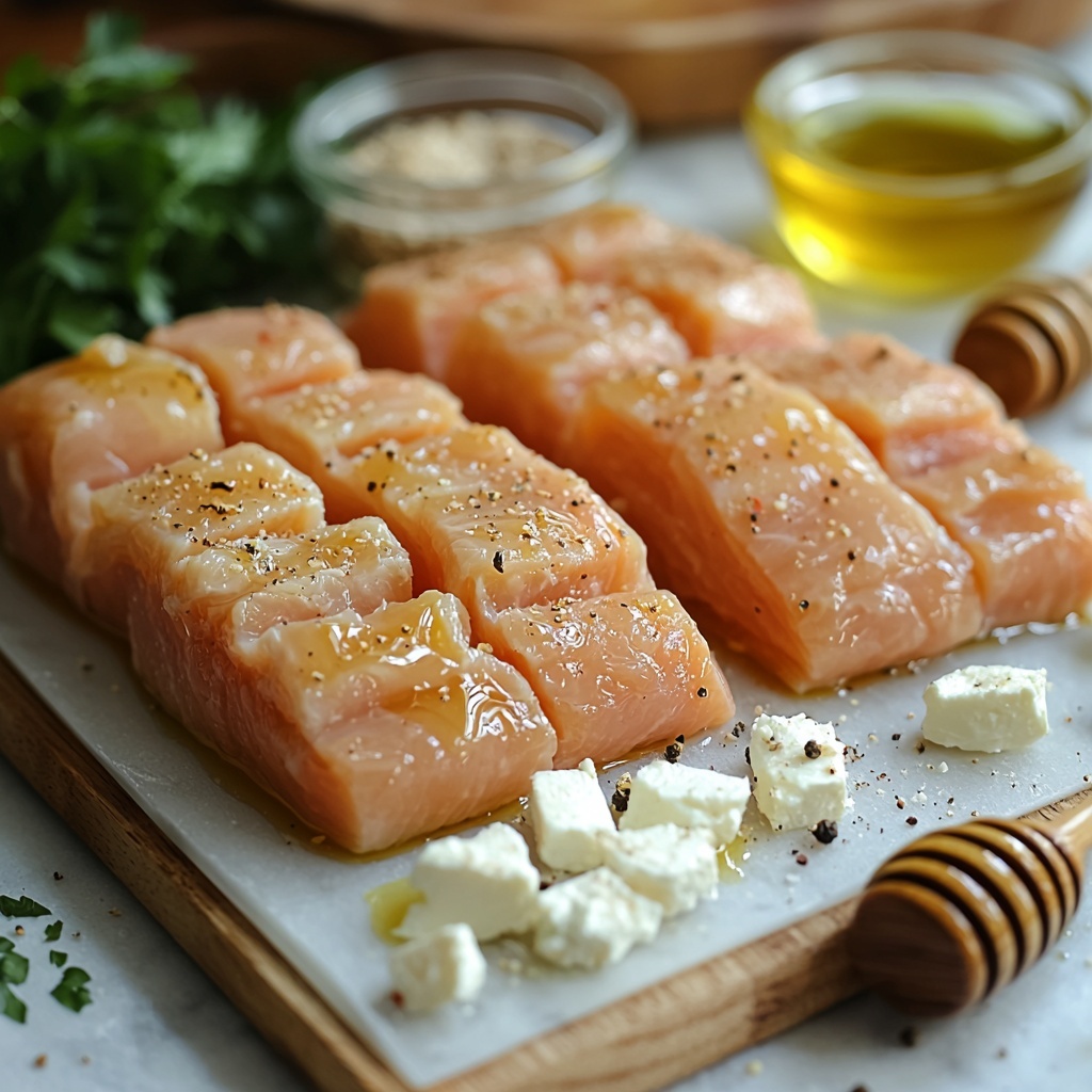 4 boneless chicken breasts raw and seasoned with olive oil, garlic powder, paprika, salt, and black pepper, arranged neatly on a clean white marble surface; small glass bowl of golden hot honey with a wooden honey dipper resting beside it; crumbled white feta cheese scattered loosely on a slate board; fresh vibrant green parsley sprigs placed artfully around the ingredients; small dish of olive oil with a glistening sheen; piles of red paprika powder and pale garlic powder in minimalistic ceramic spoons; coarse salt crystals and whole black peppercorns sprinkled tastefully; warm natural lighting highlighting the varied textures—the smooth chicken, crumbly feta, glossy honey, and leafy parsley—creating a harmonious color palette of warm reds, whites, greens, and browns; minimal shadows with a bright, clean, and inviting atmosphere; overhead shot, top down view, flat lay photography, professional food styling --ar 1:1 --q 2 --s 750 --v 6.1
