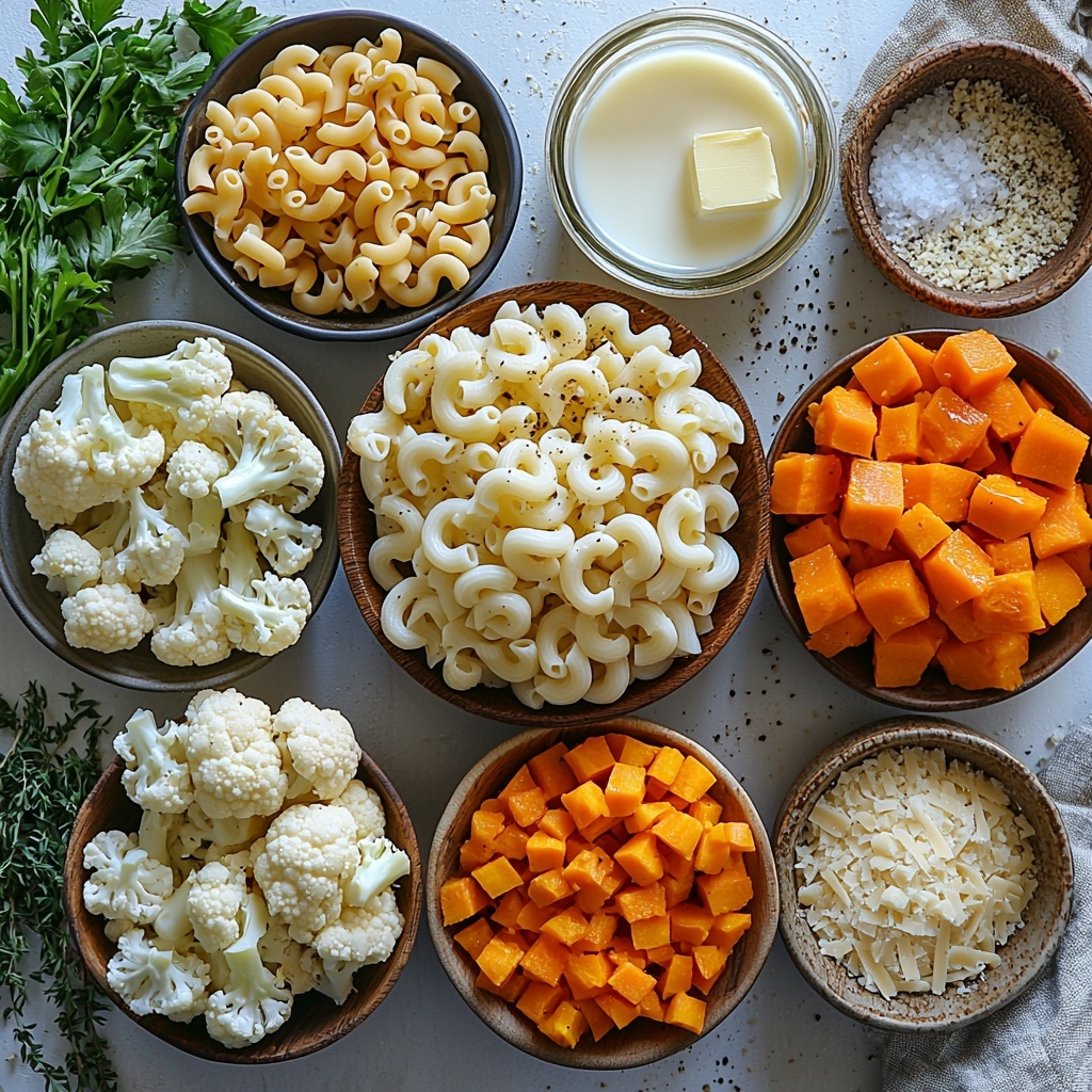 A bright, clean flat lay of the main ingredients for hidden veggie mac and cheese arranged neatly on a smooth white surface. Centered are uncooked elbow macaroni spilling gently from a rustic small bowl, surrounded by a vibrant cluster of fresh cauliflower florets—creamy white with a bumpy texture—next to bright orange peeled and diced carrots presenting a glossy, slightly wet look. Nearby, rich golden cubes of butternut squash or sweet potato add warm autumnal hues and smooth matte texture. A small glass jar or bowl holds golden olive oil, catching the light with a gentle sheen. Adjacent is a pat of creamy butter on a small wooden dish, soft and slightly melting at the edges. A measuring cup or small bowl of pale off-white milk rests beside finely shredded sharp cheddar cheese showcasing its rich golden-orange flakes, and a separate small pile of grated Parmesan cheese in delicate, fine white granules. Sprinkled around are small piles of fine white garlic powder, salt crystals, and contrasting dark specks of black pepper. Optional pinch of paprika powder adds a touch of rustic red color nearby. The ingredients are styled with natural light and soft shadows, clean bowls with minimal design, slight texture contrast from a linen napkin or wooden spoon included for warmth and authenticity. The overall composition is balanced, fresh, inviting, with pops of warm colors against the crisp white background. Overhead shot, top down view, flat lay photography, professional food styling --ar 1:1 --q 2 --s 750 --v 6.1