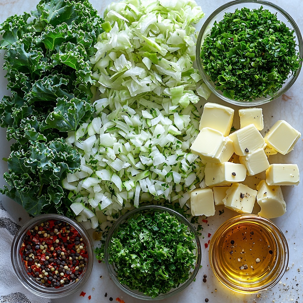 a flat lay arrangement of fresh cooking ingredients on a clean white marble surface: vibrant green dinosaur kale leaves thinly sliced, pale green chopped cabbage pieces, a small pile of finely chopped onions tinged light purple-white, several peeled garlic cloves and minced garlic spread nearby, a small bowl of golden unsalted butter chunks, a clear glass dish with rich amber avocado oil, a rustic wooden spoon holding coarse black pepper, a small white bowl with coarse red chili flakes, scattered fresh bright green parsley leaves finely chopped, a clear ramekin filled with light yellow low sodium vegetable stock, all ingredients spaced evenly to showcase contrasting colors and textures, fresh and natural lighting highlighting the freshness and vibrancy, minimal shadows, subtle rustic props like a linen napkin partially visible, emphasizing clean and inviting culinary preparation, overhead shot, top down view, flat lay photography, professional food styling --ar 1:1 --q 2 --s 750 --v 6.1