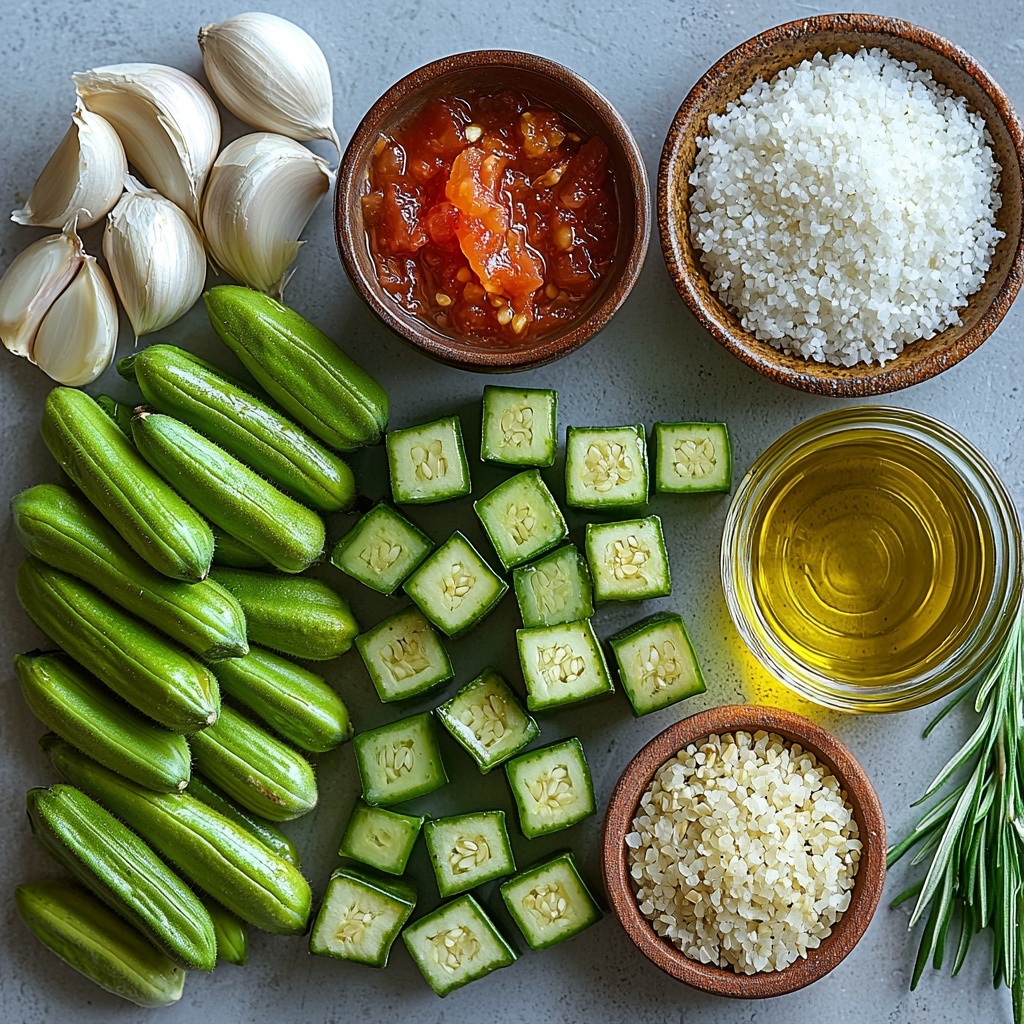 500 grams fresh green okra, neatly trimmed and lined up; 1 ½ cups white rice in a small rustic ceramic bowl; 3 tablespoons golden olive oil in a clear glass dish; 1 large onion, diced into clean white and purple-edged cubes scattered artistically; 4 cloves garlic, peeled and minced, arranged in a small white ramekin; 2 tablespoons vibrant red tomato paste presented as a smooth dollop on a wooden spoon; 1 can (400g) crushed tomatoes shown with some spilled on a small white plate to reveal texture; 2 tablespoons bright yellow lemon juice in a small glass pourer; 1 teaspoon finely ground, warm brown coriander powder in a tiny bowl; coarse salt crystals and freshly ground black peppercorns sprinkled gently nearby; 2 cups clear vegetable broth in a transparent measuring cup. All ingredients laid out neatly on a spotless matte white surface, styled with minimal shadows and natural soft lighting to emphasize colors and textures, with small fresh herb sprigs placed casually for a pop of green. Overhead shot, top down view, flat lay photography, professional food styling --ar 1:1 --q 2 --s 750 --v 6.1