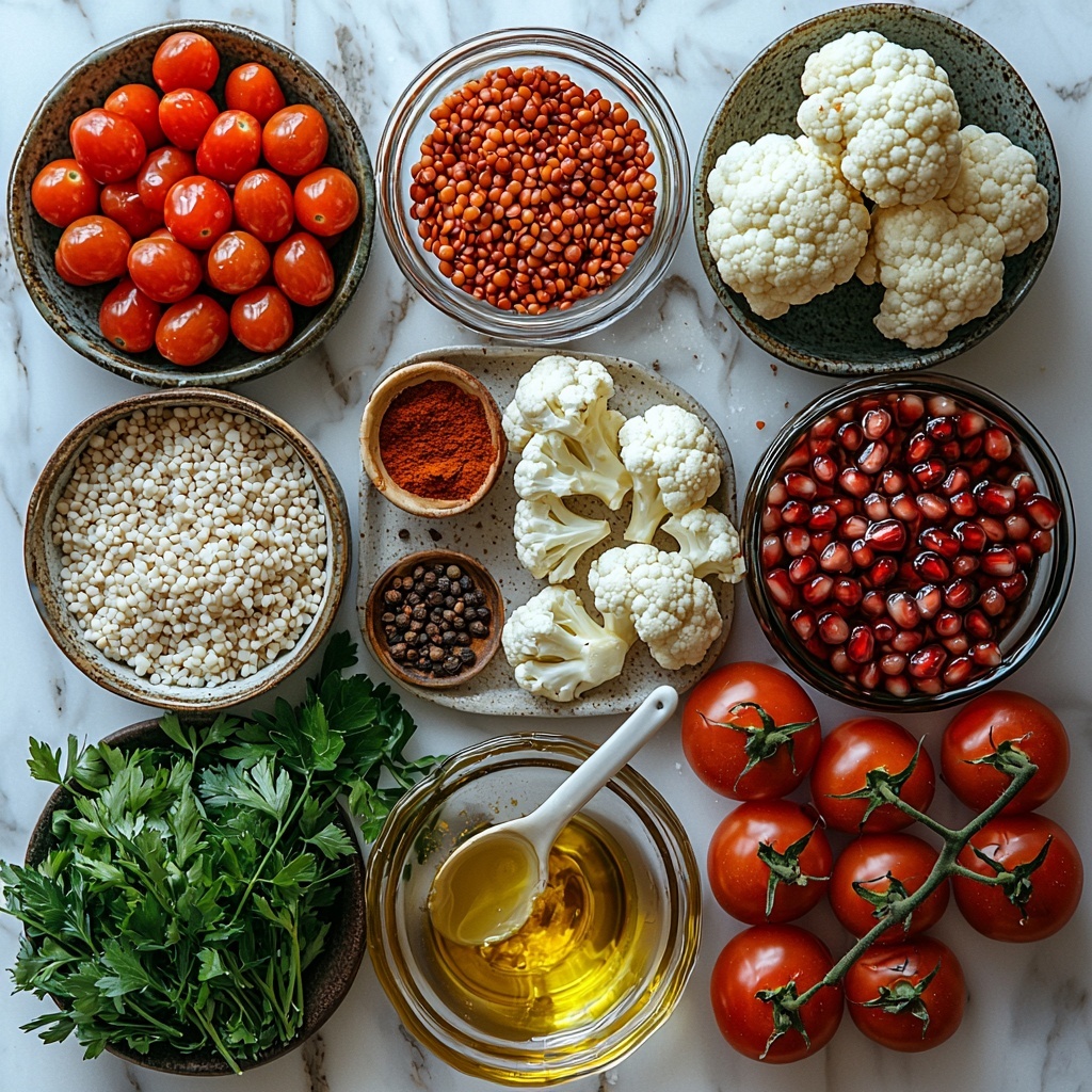flat lay of main ingredients for Bazargan salad arranged neatly on a clean white marble surface: 1 cup fine golden bulgur grains in a small rustic ceramic bowl, 1/2 cup cooked brown lentils in a simple glass bowl showing their soft texture, 3 tablespoons glossy deep red pomegranate molasses in a small white spoon, 3 tablespoons golden olive oil in a clear glass dish reflecting light, 1 cup bright red cherry tomatoes halved exposing juicy interiors scattered delicately, 1 cup pale ivory cauliflower florets lightly steamed with subtle steam wisps, a small heap of warm brown ground cumin powder, a pinch of rich cinnamon powder with a reddish hue beside it, coarse salt crystals sparkling next to cracked black peppercorns, 1/2 cup fresh vibrant green chopped parsley finely piled, and a clear measuring cup filled with translucent water or vegetable broth. Soft natural lighting enhances the contrasting colors and textures, minimal shadows, slight highlights on wet ingredients, styled with a few fresh parsley sprigs and a linen napkin edge for warmth and inviting feel, clean and balanced composition, muted neutral background emphasizing freshness and wholesome ingredients. overhead shot, top down view, flat lay photography, professional food styling --ar 1:1 --q 2 --s 750 --v 6.1
