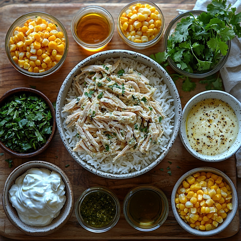 shredded cooked chicken in a small bowl with tender, fibrous texture and warm beige tones; cooked fluffy white rice piled neatly on a white ceramic plate; bright green, slightly chunky salsa verde in a small glass bowl showcasing fresh tomatillo and herbs; smooth, creamy sour cream dolloped in a white ramekin with glossy surface; shredded Monterey Jack cheese loosely scattered on a wooden board, pale yellow with soft strands; golden yellow canned corn kernels in a small vintage metal bowl, shiny and plump; small clear glass dish of rich golden olive oil reflecting light; pinch bowls with coarse salt and freshly ground black pepper; handful of vibrant green freshly chopped cilantro leaves sprinkled artistically on a linen napkin; all ingredients arranged separately but balanced on a clean, light-colored wooden table surface with natural sunlight casting soft shadows; styling includes rustic ceramic dishes, neutral linen textures, minimal props emphasizing fresh colors and textures of ingredients overhead shot, top down view, flat lay photography, professional food styling --ar 1:1 --q 2 --s 750 --v 6.1