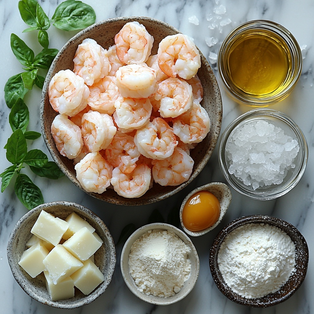 A flat lay of the main ingredients for shrimp tempura neatly arranged on a clean white marble surface: a small heap of large, raw, peeled and deveined shrimp with a slight translucent pink hue; next to a rustic ceramic bowl filled with fine white all-purpose flour; a smaller bowl containing smooth, pale yellow beaten egg; a glass jar of light golden cornstarch powder with a soft, powdery texture; a small dish of clear ice-cold water with glistening droplets on the rim; a delicate teaspoon holding fine white baking soda; a small pile of coarse sea salt crystals catching the light; a shallow white bowl filled with clear golden vegetable oil reflecting gentle highlights; and a small rustic dipping sauce bowl with dark amber ponzu sauce shimmering softly. The ingredients are spaced evenly with a balance of natural textures—powders, smooth liquids, and fresh shrimp—complemented by soft natural daylight casting gentle shadows. Minimal props, clean lines, subtle greenery accent in a corner for freshness, emphasizing an inviting, crisp, and airy feel. Overhead shot, top down view, flat lay photography, professional food styling --ar 1:1 --q 2 --s 750 --v 6.1
