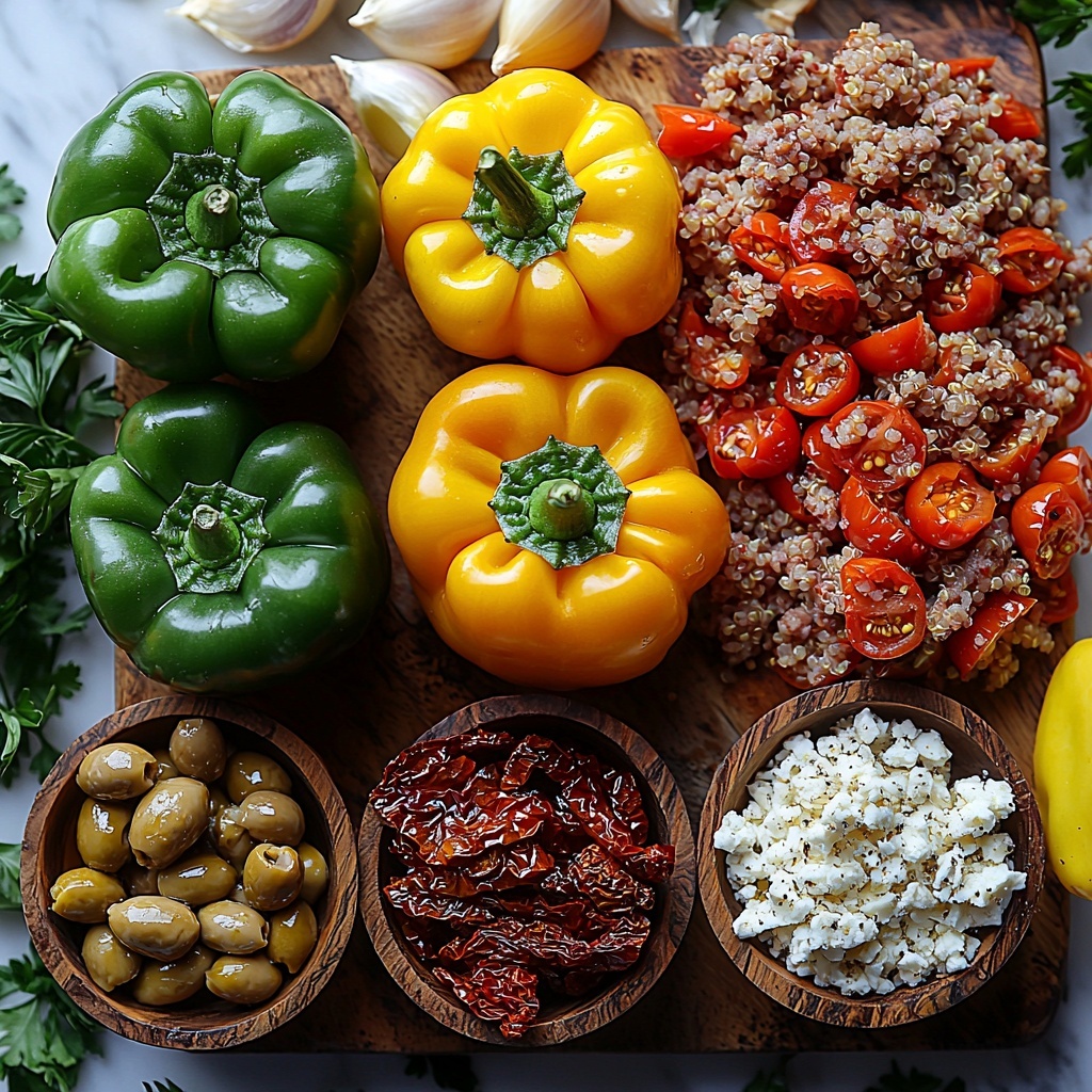 4 large colorful bell peppers (red, yellow, green, orange), tops removed and hollowed, whole and halved to show hollow interior; small bowl of golden olive oil with a glistening surface; raw ground turkey neatly portioned on parchment paper showing fine texture; finely chopped white onion in a small rustic bowl; peeled garlic cloves and a small pile of minced garlic; scattered dried oregano leaves and ground cumin powder in small wooden spoons; crystalline grains of salt and cracked black peppercorns artistically sprinkled; cooked fluffy quinoa forming a small neat mound with visible individual grains; crumbled creamy white feta cheese in a small bowl emphasizing crumbly texture; bowl of dark purple Kalamata olives, chopped, showing glossy texture; sun-dried tomatoes chopped with deep red, slightly wrinkled appearance; fresh bright green parsley sprigs and finely chopped parsley leaves arranged nearby; half a lemon cut to show juicy, vibrant yellow pulp; ingredients carefully spaced on a clean white marble surface with soft natural light creating subtle shadows to highlight textures and colors; a few fresh herbs and a wooden cutting board to add warmth and Mediterranean vibe; overhead shot, top down view, flat lay photography, professional food styling --ar 1:1 --q 2 --s 750 --v 6.1