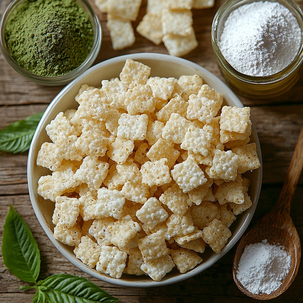 3 cups Rice Chex cereal in a clear glass bowl showing the light golden, crispy texture; 1 cup glossy white chocolate chips in a small white ceramic dish; 2 tablespoons vibrant green matcha powder neatly scooped in a small wooden spoon; 1 cup powdered sugar in a fine white mound on a rustic white plate; 1/4 cup vegetable oil in a small clear glass measuring cup catching soft light. All ingredients arranged artfully on a clean, neutral light wood surface with soft natural lighting enhancing textures and colors. Minimal, elegant styling with a few fresh green tea leaves scattered subtly around for a pop of color. Overhead shot, top down view, flat lay photography, professional food styling --ar 1:1 --q 2 --s 750 --v 6.1
