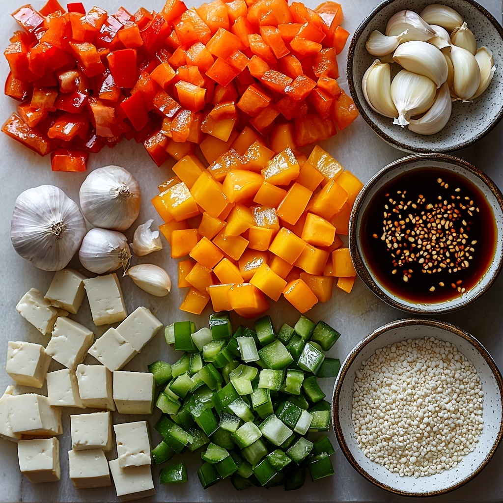 Vibrant flat lay of fresh ingredients for vegan pepper steak arranged neatly on a clean white surface: bright red and green bell pepper slices with glossy skin, thinly sliced translucent white onion rings, small cloves of garlic peeled and minced displayed in a tiny ceramic bowl, fresh grated pale yellow ginger piled beside, a block of extra-firm tofu sliced into uniform golden strips dusted lightly with white cornstarch powder, small bowls containing dark soy sauce with glossy shine, thick hoisin sauce with rich brown color, golden maple syrup glistening under soft light, light amber rice vinegar in a clear glass dish, coarse black pepper flakes, vibrant red pepper flakes, and a small bowl of translucent water mixed with cornstarch; subtle shadows emphasize textures and colors, ample negative space for a clean modern look, natural soft daylight from one side creating delicate highlights and enhancing the freshness, minimalist style with contemporary white ceramic bowls and utensils, overhead shot, top down view, flat lay photography, professional food styling --ar 1:1 --q 2 --s 750 --v 6.1
