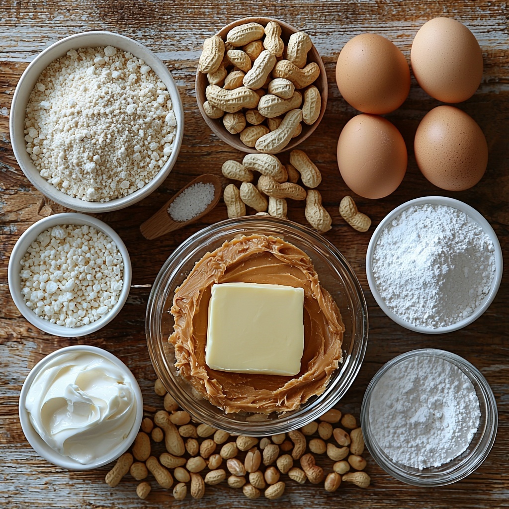 Softened unsalted butter in a small glass bowl with creamy peanut butter beside it, golden granulated sugar and rich light brown packed sugar in separate small white ceramic bowls, three large fresh eggs with smooth shells arranged neatly, a small glass vial of vanilla extract, a white ceramic bowl filled with all-purpose flour mixed with baking powder, baking soda, and a pinch of salt, a clear measuring cup of whole milk, a bowl of chopped roasted peanuts showing their golden-brown crunchy texture, powdered sugar sifted finely in a bowl, and a small bowl of heavy cream. All ingredients carefully spaced and arranged on a clean, light-colored wood surface with natural soft daylight illuminating their textures and warm tones, subtle shadows adding depth, accompanied by clean, minimal kitchen props like a wooden spoon and a small linen napkin for warmth and contrast. The composition highlights the diverse textures: creamy, powdery, granular, and crunchy to create an inviting, elegant flat lay setup. overhead shot, top down view, flat lay photography, professional food styling --ar 1:1 --q 2 --s 750 --v 6.1