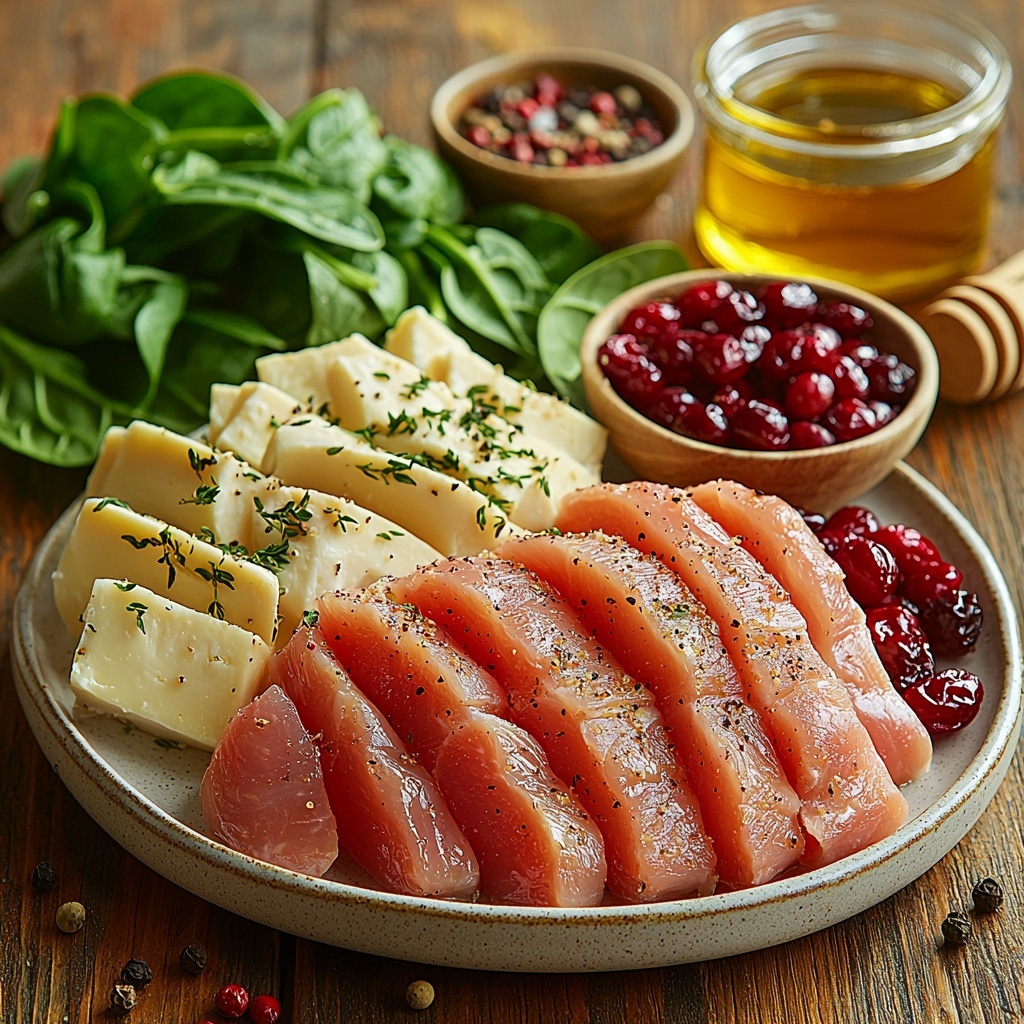 Cranberries and fresh green chopped spinach arranged in small rustic bowls, plump dried cranberries glistening with a deep red hue, vibrant bright green spinach leaves finely chopped. Slices of creamy, soft brie cheese with pale ivory color and slight sheen neatly stacked on a clean white ceramic plate. Four raw boneless, skinless chicken breasts laid out symmetrically on a light wooden surface, pale pink with smooth texture. Small glass jar of golden olive oil with a subtle shine, scattering of coarse salt and freshly cracked black peppercorns next to a delicate pile of light beige garlic powder and finely crushed dried thyme leaves adding a touch of earthy green. A small honey dipper resting beside a small bowl of rich amber honey, glistening under soft natural light. All ingredients spaced evenly on a bright, clean surface with gentle shadows enhancing the colors and textures. Overhead shot, top down view, flat lay photography, professional food styling --ar 1:1 --q 2 --s 750 --v 6.1