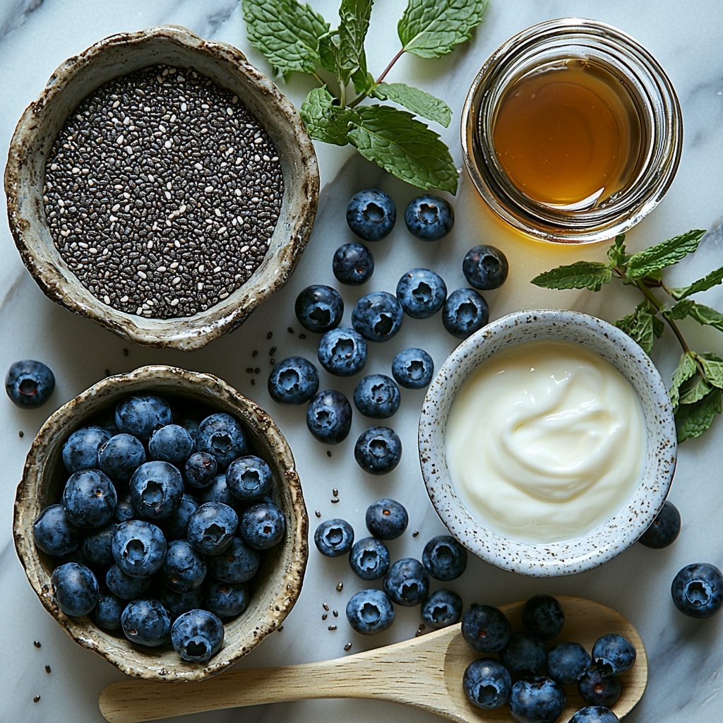 vanilla extract in a small glass bottle, fresh or frozen blueberries scattered loosely in a small rustic bowl, a teaspoon of chia seeds gently spilling from a wooden spoon, half a cup of old-fashioned rolled oats neatly measured in a shallow ceramic dish, a glass measuring cup filled with creamy unsweetened almond milk, a small drizzle of golden maple syrup in a delicate porcelain spoon, and a quarter cup of thick full fat Greek yogurt presented in a minimalist white ramekin -- all ingredients arranged artfully on a clean white marble surface with soft natural lighting highlighting the contrasting textures and rich colors, subtle shadows adding depth, styled with a few fresh blueberries and a sprig of mint for a pop of color, minimal props to maintain focus on ingredients, overhead shot, top down view, flat lay photography, professional food styling --ar 1:1 --q 2 --s 750 --v 6.1