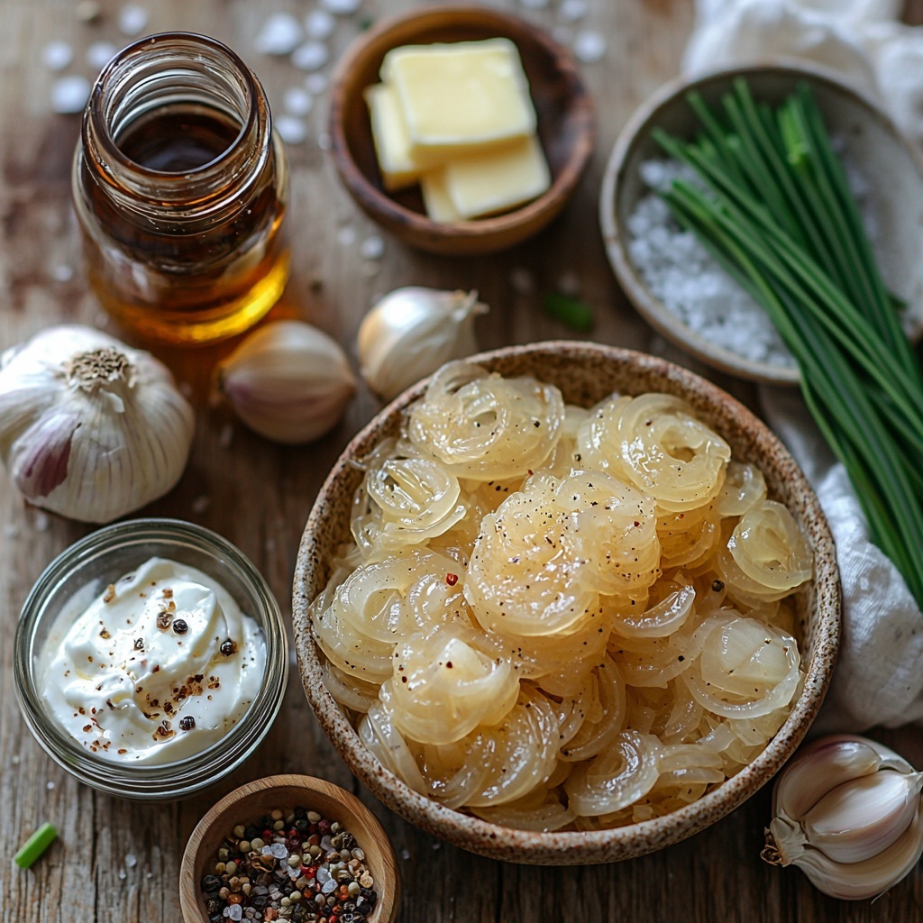 A clean, light wooden surface with a neat flat lay arrangement of ingredients for caramelized onion dip: halved and thinly sliced sweet onions in a small rustic bowl, a few whole cloves of garlic with some minced garlic beside them on a small dish, a pat of unsalted butter on a small white ceramic plate, a small glass bowl of brown sugar with a tiny wooden spoon, a clear glass measuring cup with dry white wine reflecting soft light, a small bottle or splash of balsamic vinegar, an open small jar or bottle of Worcestershire sauce, a round bowl holding creamy, room-temperature cream cheese showing smooth texture, a separate bowl of thick sour cream with a slight sheen, a bowl of glossy mayonnaise, small piles of kosher salt and freshly ground black pepper on a textured white plate, and a small bunch of bright green chopped fresh chives artfully scattered nearby. The colors are warm and natural with creamy whites, golden browns, translucent liquids, and fresh green accents, all styled with soft natural lighting casting gentle shadows, subtle rustic props like a wooden spoon, and minimal white linen fabric peeking into the frame for warmth. The composition is balanced, inviting, and clean, emphasizing textures from creamy to glossy to rustic. Overhead shot, top down view, flat lay photography, professional food styling --ar 1:1 --q 2 --s 750 --v 6.1