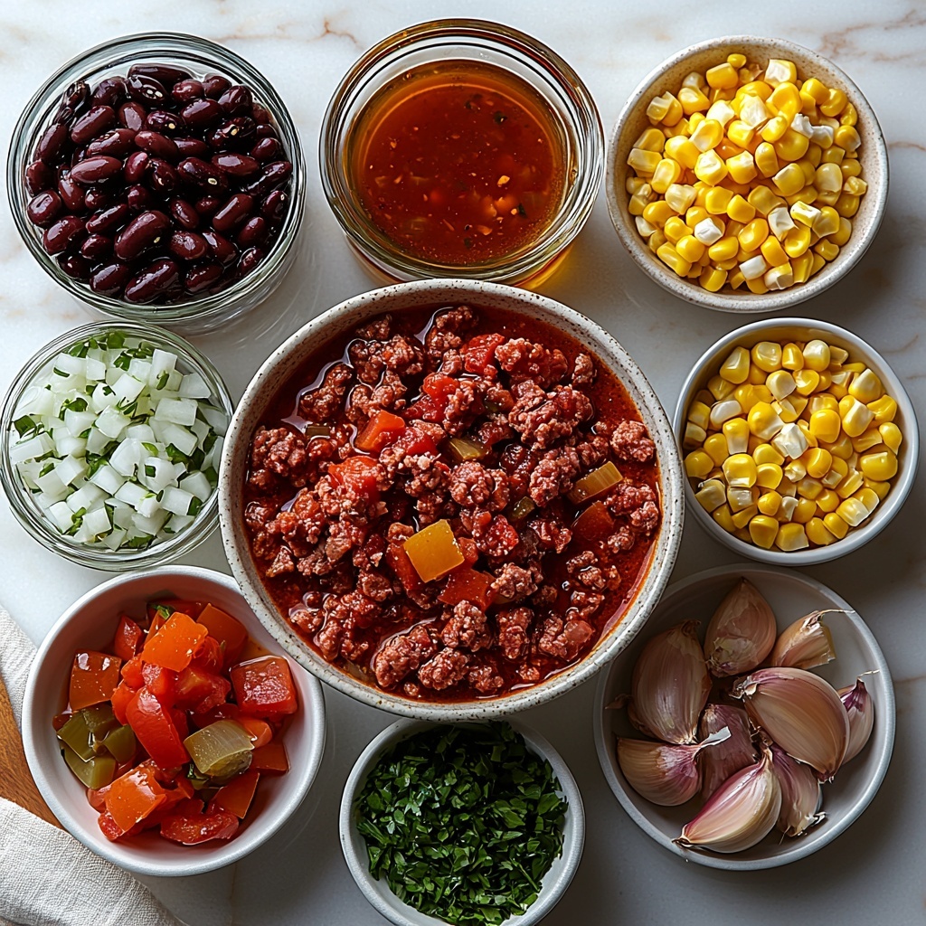 a clean white surface with the main ingredients for high protein taco soup neatly arranged for a flat lay photo: a small glass bowl of golden olive oil, a pile of raw ground beef with rich red color and marbled texture, a white bowl with chopped translucent onion pieces, a small dish filled with minced garlic cloves, a rustic can of diced tomatoes with green chiles spilling some bright red and green bits, a clear measuring cup with dark beef broth, small white bowls holding earthy brown paprika powder, black pepper, deep red chili powder, and warm brown cumin powder, an opened can showing shiny black beans, another can with speckled light brown pinto beans, and a small bowl of bright yellow thawed corn kernels scattered slightly around the cans; natural daylight casting soft shadows, subtle rustic props like a wooden spoon and a linen napkin at edges for warmth and texture, vivid colors contrasting beautifully against the white background, sharp focus highlighting the varied textures and freshness, styled with minimalism and elegance, overhead shot, top down view, flat lay photography, professional food styling --ar 1:1 --q 2 --s 750 --v 6.1