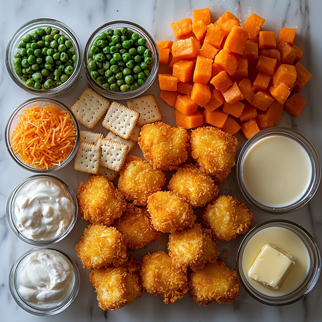 frozen chicken nuggets arranged in a neat pile showing their golden breaded texture, a can of cream of chicken soup opened with creamy white soup visible inside, a small bowl with smooth sour cream, a glass measuring cup filled with pale milk, small glass bowls containing garlic powder, onion powder, and black pepper with contrasting fine textures, a mound of shredded bright orange cheddar cheese with soft curls, a clear bowl of thawed mixed vegetables including vibrant orange carrots, green peas, and yellow corn kernels, a small dish with crushed buttery Ritz crackers showing flaky crumbs, a small ramekin with melted golden butter, all ingredients thoughtfully spaced out on a clean white marble surface with natural light casting soft shadows highlighting textures and colors, minimal props, subtle shadows, pop of warm and cool tones for visual balance, fresh and inviting styling details perfect for recipe illustration, overhead shot, top down view, flat lay photography, professional food styling --ar 1:1 --q 2 --s 750 --v 6.1