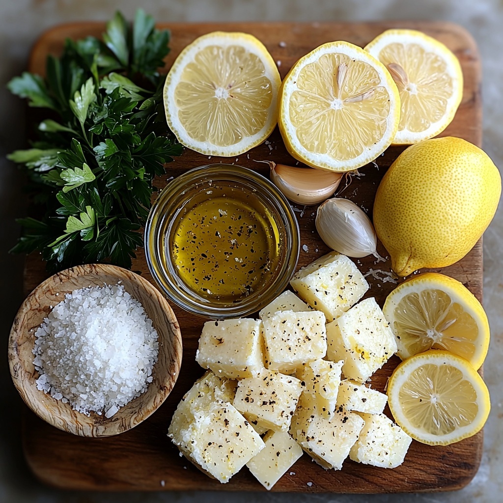 A clean, bright surface with a flat lay arrangement of ingredients for creamy roast garlic and lemon pasta sauce: a whole head of garlic with the top cut off, showing roasted, soft golden cloves; a small glass bowl of two tablespoons golden olive oil with a slight sheen; a smooth white ceramic cup filled with thick heavy cream; a small mound of finely grated pale yellow Parmesan cheese on a rustic wooden board; a fresh, vibrant yellow lemon sliced to show zest and juicy wedges; coarse sea salt and cracked black pepper scattered delicately in small white ceramic spoons; a few sprigs of bright green fresh parsley adding a pop of color; all ingredients spaced evenly with natural light casting soft shadows, emphasizing textures from creamy to grainy to glossy, styled with minimal props, natural linen napkin nearby for warmth, overhead shot, top down view, flat lay photography, professional food styling --ar 1:1 --q 2 --s 750 --v 6.1