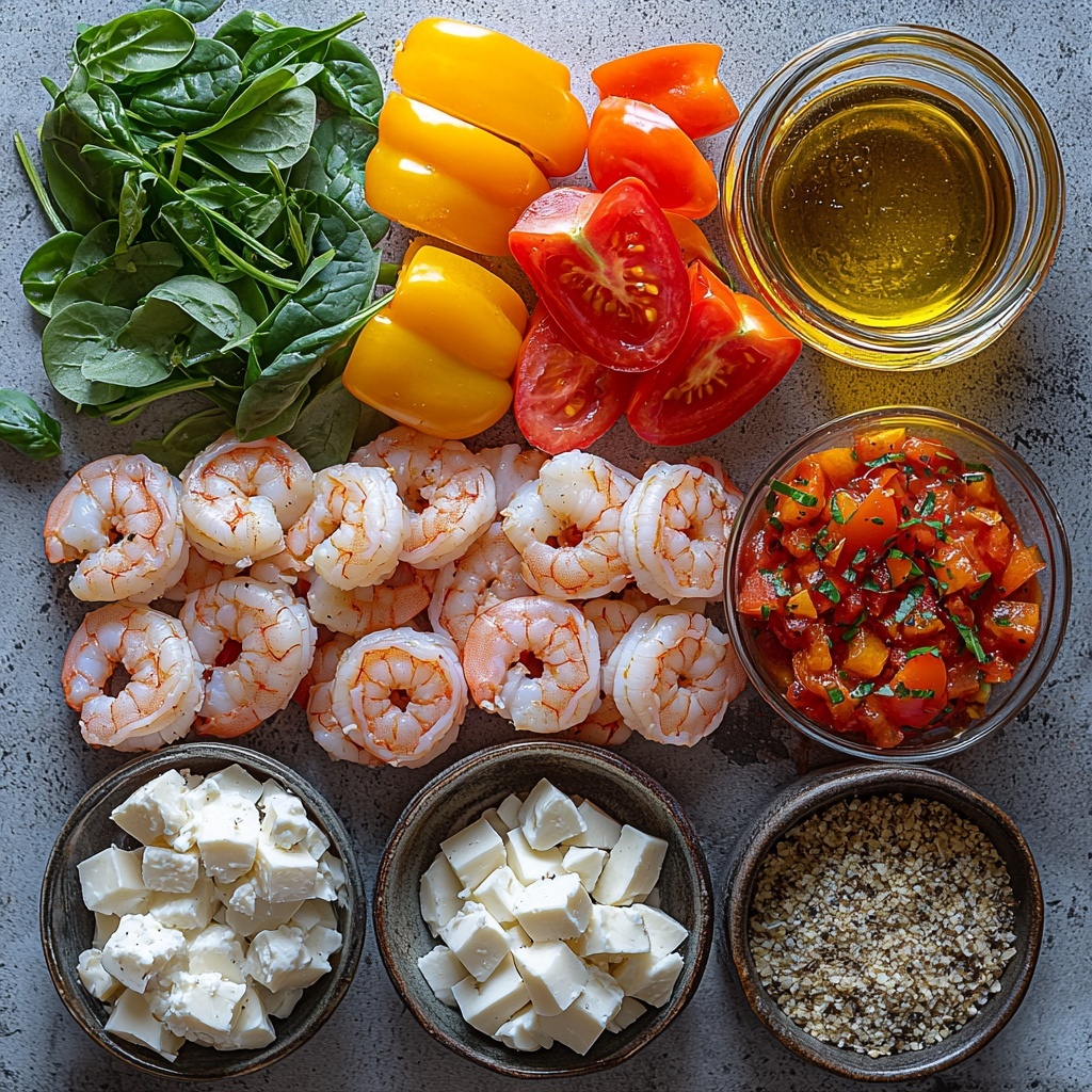 A clean, bright surface featuring an artful flat lay arrangement of the main ingredients for a shrimp rice casserole: a cup of uncooked long grain white basmati rice in a small clear bowl showing its fluffy, polished grains; peeled, pink pre-cooked shrimp laid out in a neat cluster showcasing their curved, slightly translucent texture; golden olive oil in a small rustic glass jar catching the light; four large garlic cloves, peeled and minced, scattered fresh and white; a small yellow onion diced into even, translucent cubes; two vibrant medium bell peppers chopped, one red and one yellow, their glossy skins and crisp interiors visible; small piles of dried oregano, chili powder, and cumin powders with rich earthy tones; handfuls of fresh baby spinach leaves, deep green with crisp veins and a slight matte finish; a bowl of rich red marinara tomato sauce with a smooth texture; chunks of creamy white feta cheese with crumbly texture; and a few sprigs of fresh bright green basil with delicate veined leaves gently placed to add freshness and color contrast. The ingredients are spaced evenly with small bowls and loose individual pieces arranged for visual interest, natural soft lighting enhancing the vivid colors and varied textures, subtle shadows adding depth, styled with minimal rustic kitchen props for an inviting, wholesome feel. Overhead shot, top down view, flat lay photography, professional food styling --ar 1:1 --q 2 --s 750 --v 6.1