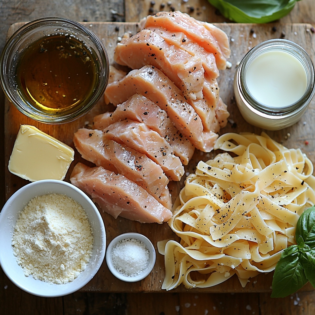 Chicken breasts raw and grilled, whole and sliced, arranged neatly alongside a small bowl of golden olive oil with a glistening surface; a small dish filled with coarse garlic salt and a sprinkling of cracked black pepper scattered artfully nearby; a pat of creamy butter resting on a white ceramic spoon; two minced garlic cloves piled on a rustic wooden board; a small heap of fine all-purpose flour on a white porcelain plate; a clear glass measuring cup filled with rich golden chicken broth; a frosted glass cup of creamy 1% milk; a small white bowl showcasing freshly grated and shaved high-quality Parmesan cheese with visible delicate curls; a few twists of coarse salt and freshly cracked peppercorns sprinkled on the surface; a nest of uncooked pale yellow fettuccine noodles arranged in a loose circular shape; all ingredients set on a clean, matte light wood surface with soft natural lighting highlighting textures and colors, subtle shadows creating depth, minimalistic styling with a slight rustic charm, a touch of fresh basil leaves and a vintage fork placed at the edge for added context, overhead shot, top down view, flat lay photography, professional food styling --ar 1:1 --q 2 --s 750 --v 6.1