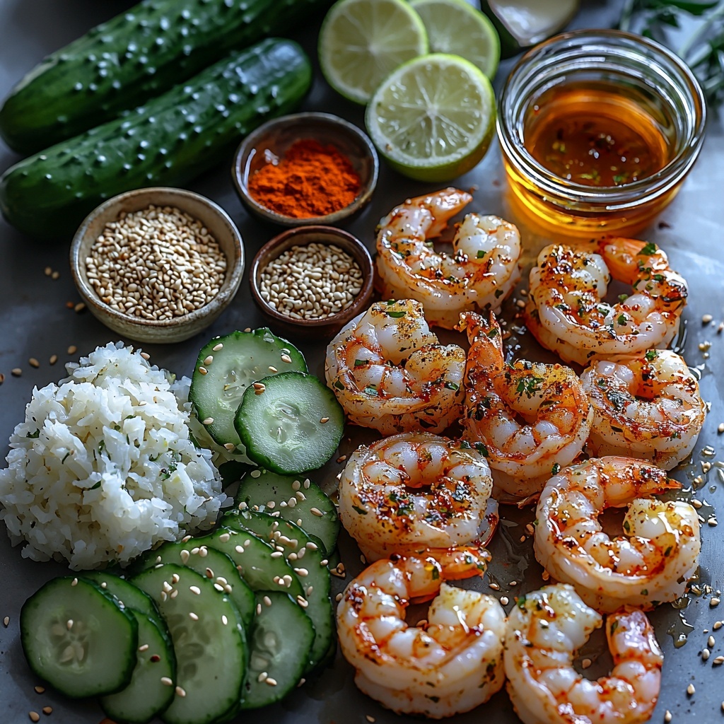 A clean white surface featuring key ingredients for Shrimp Avocado Cucumber Boats artfully arranged: a small bowl of fluffy, glossy cooked sushi rice with individual grains visible; two fresh, vibrant green cucumbers, one whole and one sliced lengthwise into quarters showing pale crisp inner flesh with seeds scooped out; a small mound of roughly mashed creamy avocado in a pale green hue accented with lime wedges nearby; plump, pink cooked shrimp with a slight char and glistening olive oil sheen scattered elegantly; small glass ramekins containing golden olive oil, a mix of warm spices (paprika, garlic powder, onion powder, chili powder, dried oregano) in tiny piles showing rich reds, browns, and tans; a light drizzle of spicy orange-red sriracha mayo in a delicate ceramic spoon resting beside a small bowl of white sesame seeds evenly spread; a jar of creamy mayonnaise with a smooth texture; and a tiny dish of honey with a shiny amber surface reflecting light. The arrangement balances colors and textures for visual interest—fresh greens, warm spices, creamy elements, and vibrant shrimp—captured in sharp detail with natural soft lighting casting gentle shadows. Overhead shot, top down view, flat lay photography, professional food styling --ar 1:1 --q 2 --s 750 --v 6.1
