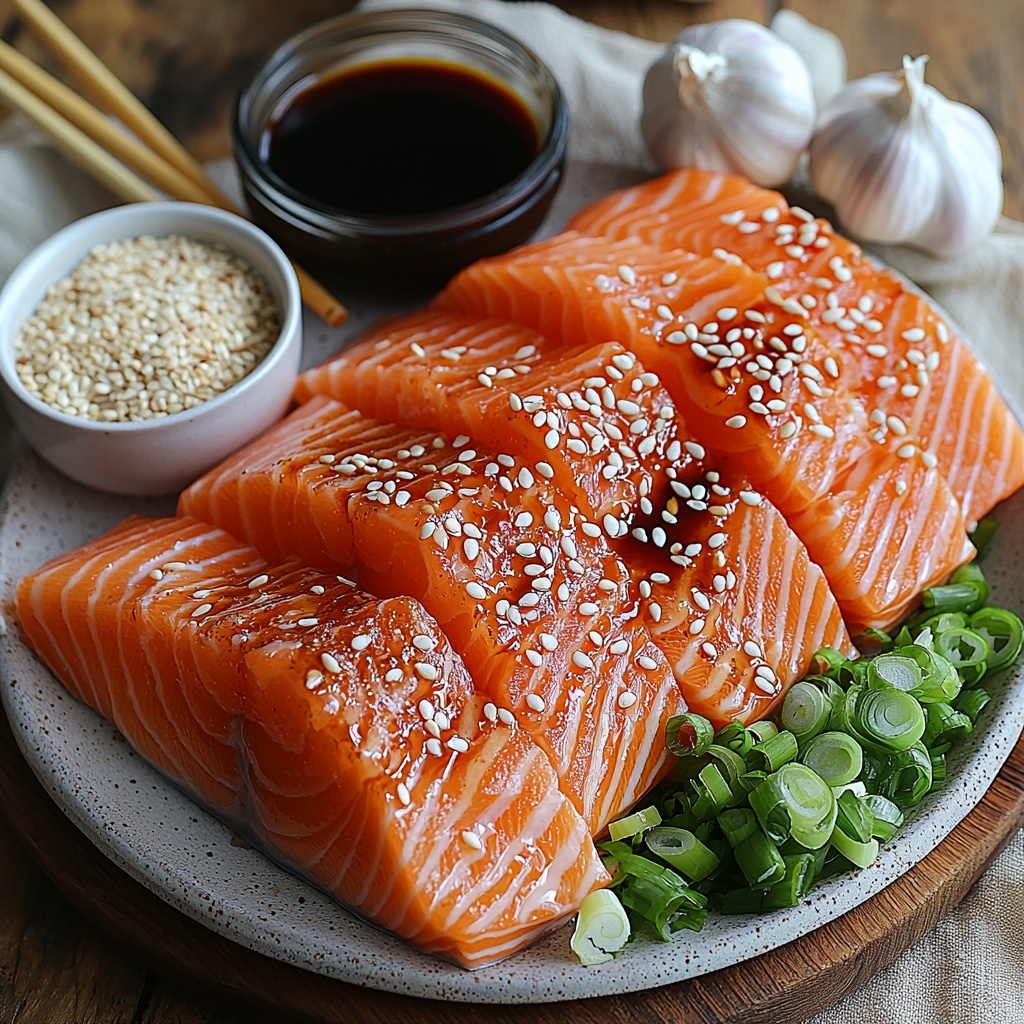 2.5 lbs fresh salmon filet with skin-on, vibrant pink-orange flesh and glossy skin, arranged neatly on a rustic white ceramic plate; small wooden bowl with finely minced fresh ginger, bright pale yellow; small glass jar of rich dark amber sesame oil; three spoons each holding glossy deep brown teriyaki sauce, thick hoisin sauce, and shiny dark soy sauce with a smooth texture; a rustic bowl of packed light brown sugar, showing coarse granules; two garlic cloves peeled and minced finely, creamy white; a small white dish with clear white vinegar; thinly sliced vivid green onion rings scattered strategically around for a pop of fresh green color; white and black sesame seeds sprinkled artfully over the scene; all ingredients placed on a clean light wooden surface with soft natural lighting, minimal shadows, clean and modern styling, focus on texture and color contrast, accented with a few bamboo chopsticks and a small linen napkin to add warmth and authenticity — overhead shot, top down view, flat lay photography, professional food styling --ar 1:1 --q 2 --s 750 --v 6.1