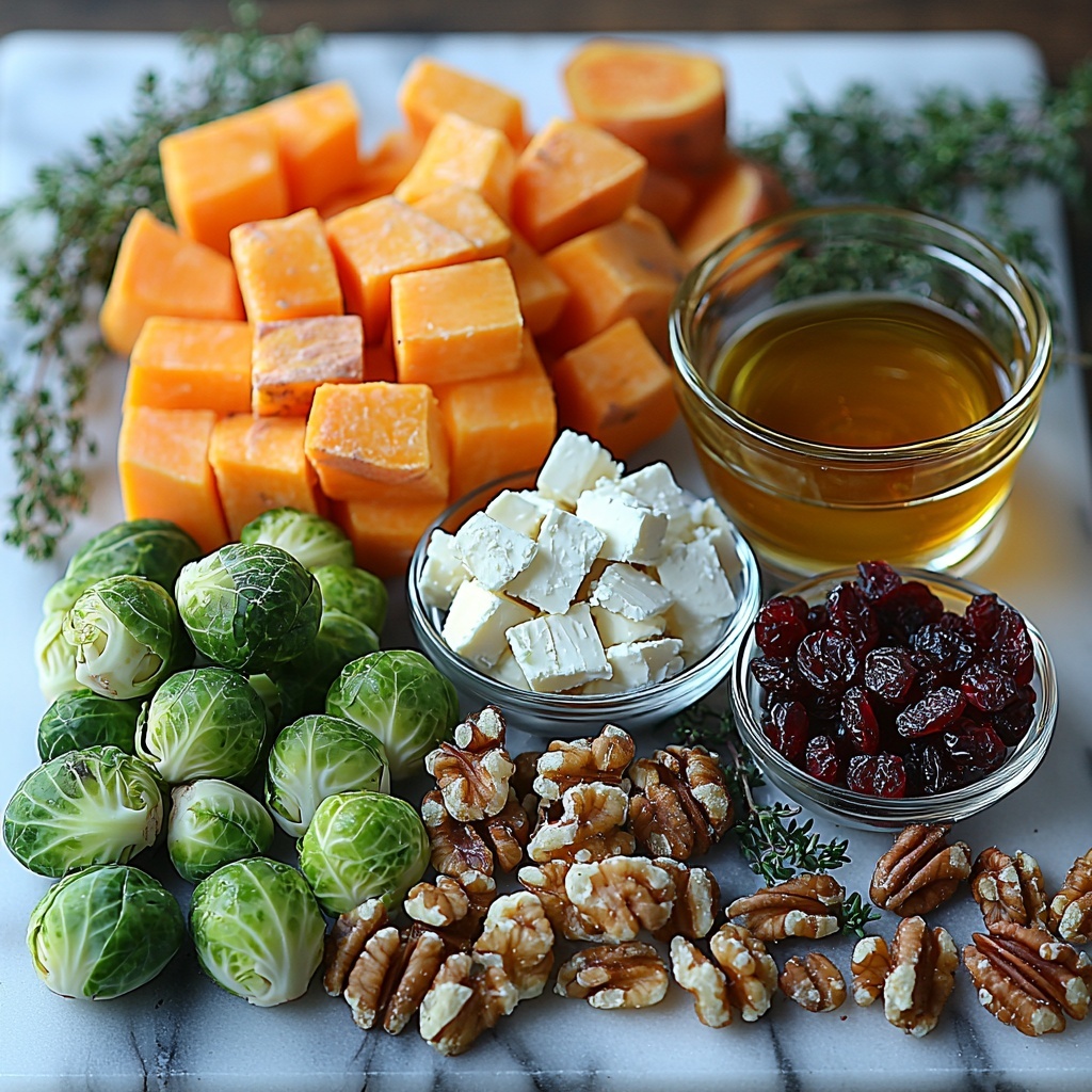 butternut squash peeled and cubed bright orange chunks, halved Brussels sprouts vivid green with textured leaves, sweet potato peeled and cubed warm orange cubes, small glass bowl with glossy honey amber liquid, small dish of dried cranberries deep red wrinkled, bunch of fresh thyme sprigs green with delicate leaves, crumbled white goat cheese with creamy texture scattered loosely, toasted walnuts or pecans golden-brown with rough jagged edges in a small pile, drizzle of olive oil in a clear glass dish, lemon cut in half showing bright yellow juicy interior, sprinkle of coarse salt and cracked black peppercorns near small wooden spoon, all ingredients neatly arranged on a clean white marble surface with soft natural lighting, shadows gently diffused, balanced composition with colors and textures contrasting beautifully, rustic yet elegant styling, overhead shot, top down view, flat lay photography, professional food styling --ar 1:1 --q 2 --s 750 --v 6.1