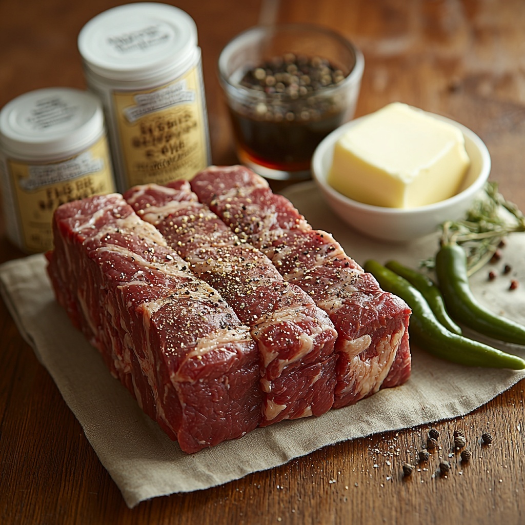 3 pounds raw chuck roast with marbled red and white fat texture, next to an open packet of ranch seasoning mix showing fine beige powder, a partially opened packet of dark golden au jus gravy mix powder, a small cluster of 5-6 bright green glossy pepperoncini peppers with smooth skins, a quarter cup of creamy pale yellow unsalted butter cut into neat slices on a small white dish, a clear glass bowl filled with rich brown beef broth, three peeled garlic cloves minced finely with a slightly crumbly texture, and a small heap of coarse black pepper—arranged neatly on a clean, light-colored wooden surface with soft natural lighting enhancing the earthy tones and subtle shadows, styled with a rustic linen napkin folded nearby and a simple wooden spoon for a warm, inviting look, overhead shot, top down view, flat lay photography, professional food styling --ar 1:1 --q 2 --s 750 --v 6.1