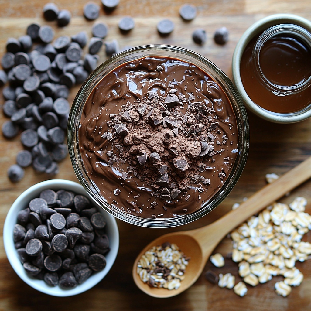 Rolled oats in a small glass bowl with a natural, slightly rough texture, surrounded by a measuring cup of creamy almond milk with a smooth surface reflecting soft light. Nearby, a small wooden spoon holding rich, dark unsweetened cocoa powder with fine, velvety texture. A small jar of golden amber maple syrup with a slight glossy sheen sits next to a tiny dish of shiny, dark chocolate chips scattered loosely. A small white bowl contains thick, glossy chocolate protein powder, slightly powdery in texture, and a rustic ceramic ramekin holding smooth, creamy nut butter with visible swirls. A delicate glass container with clear vanilla extract and a small pinch of coarse sea salt in a tiny dish complete the arrangement. All ingredients are neatly spread out on a clean, light wooden surface with subtle natural grain, illuminated by soft, diffused natural light casting gentle shadows. The scene is styled minimally with a warm, inviting color palette emphasizing browns, creams, and rich chocolate tones, focusing on contrasting textures and harmonious balance. overhead shot, top down view, flat lay photography, professional food styling --ar 1:1 --q 2 --s 750 --v 6.1